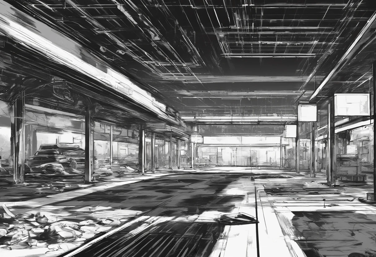 Liminal space in the style of Kentaro Miura, black and white, bleak, parking lot, mall, empty mall, scary, dark, intricate linework