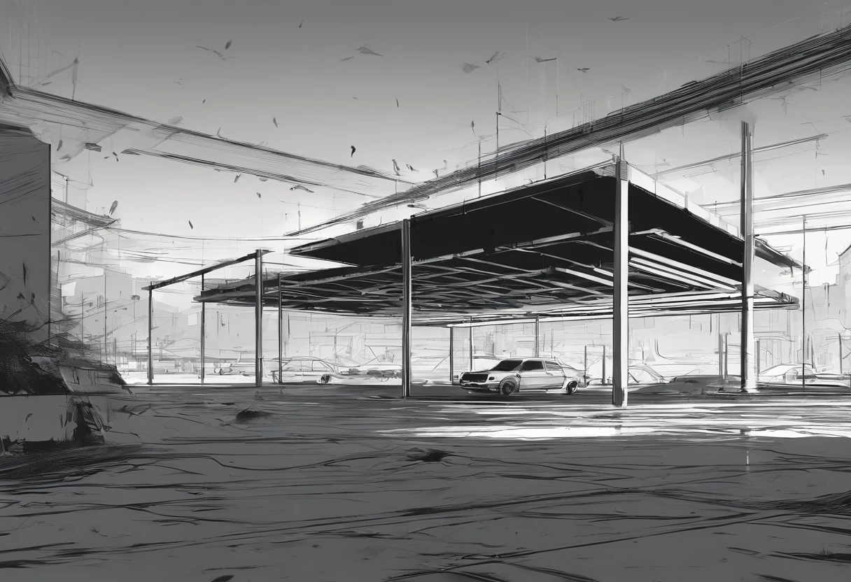 Liminal space in the style of Kentaro Miura, black and white, bleak, parking lot, mall, empty mall, scary, dark, intricate linework