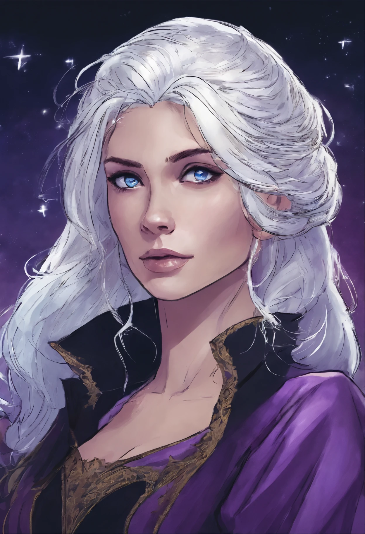 Marvel comic style, girl with white hair and purple, wolfuct hairstyle, pale skin, blue eyes, sharp eyes, mole in her chin, wearing black hoodie