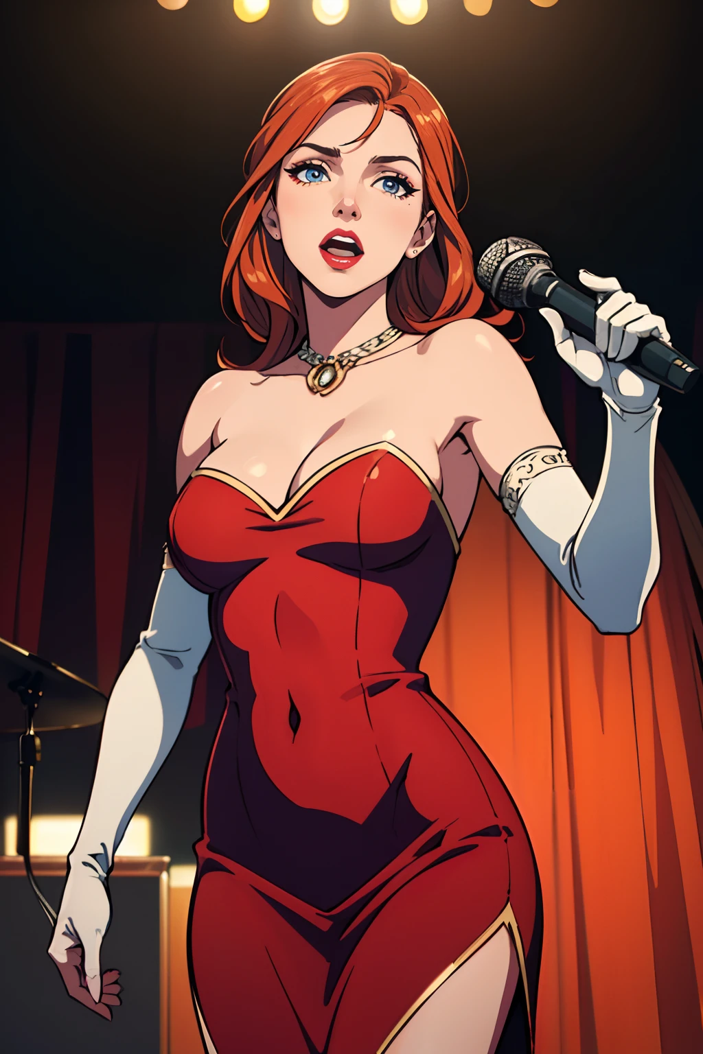 (best quality,4k,8k,highres,masterpiece:1.2),ultra-detailed,(realistic,photorealistic,photo-realistic:1.37), vibrant colors, stage spotlight, vintage microphone, elegant hair, graceful pose, dynamic atmosphere, stylish interior, classic jazz era vibes, captivating performance, soulful expression, animated jazz band, rhythmic music, passionate singing, microphone stand, energetic crowd, glamorous ambiance, seamless visual composition, enchanting red lighting, annette_war, in a red dress, blue eyes, orange hair, long hair, long white elbow gloves, wearing red lipstick, wearing light purple eye shadow, wearing makeup, holding old 1920s microphone, jazz club background, singing