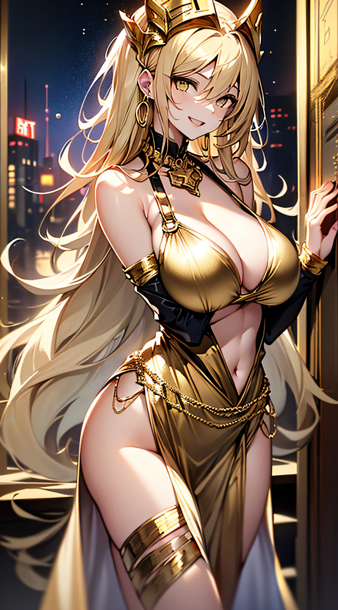 top-quality、Top image quality、masterpiece、girl with((20yr old、Best Bust、big bast、Bust 85,beautiful golden eyes、Breasts wide open,Blonde long hair、A slender、Large valleys、Tank Tops、Cosmic dress、Gold Bikini、bending forward、Laugh、fps ,Emphasize ass))hiquality、Beautiful Art、Background with((Evening Party、Golden Chain)))masutepiece、visualart、depth of fields、