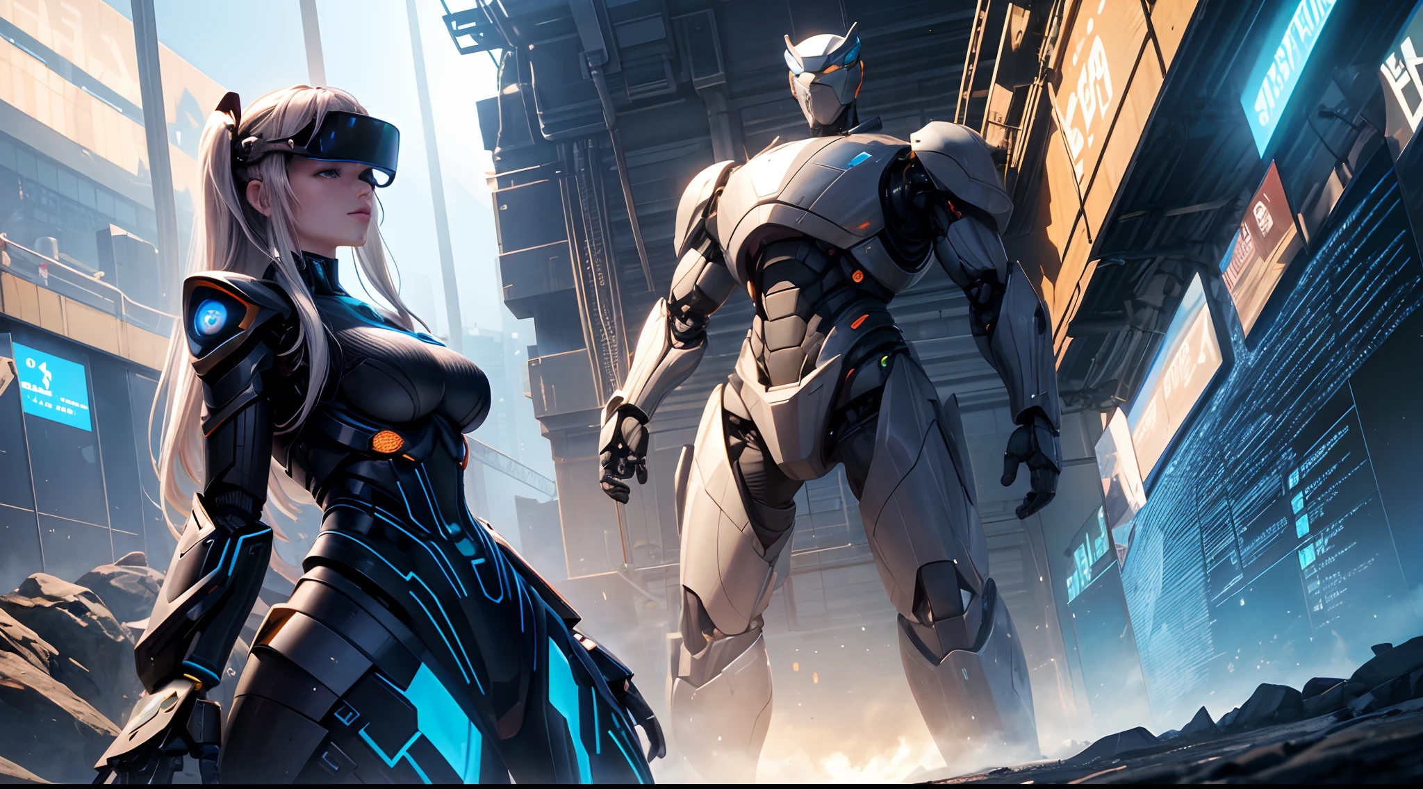A mesmerizing display of a large-scale, multi-modal model and a humanoid robot integrated into an immersive virtual reality environment. The model and robot immerse the viewer in a digital world filled with stunning visuals, interactive elements, and futuristic interfaces. 8K, high definition resolution