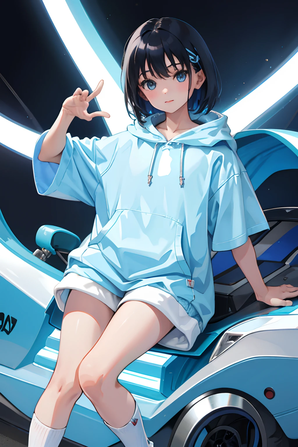 ,(masterpiece,Highest Quality),Light blue hoodie with short sleeves,high socks,A dark-haired