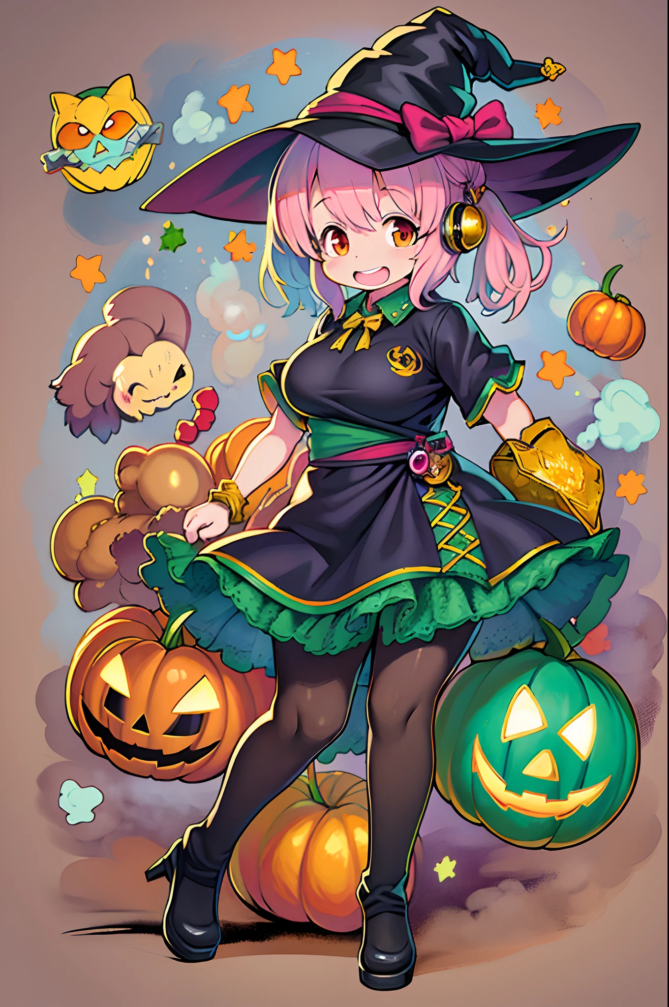 Charming Halloween 12 year old witch, Cartoon style, 2D, planar vector, Character Design, T-shirt design, Colorful splashes, Vector art, Fantasy Art, Watercolor effect,Digital Painting, white bg, 8K