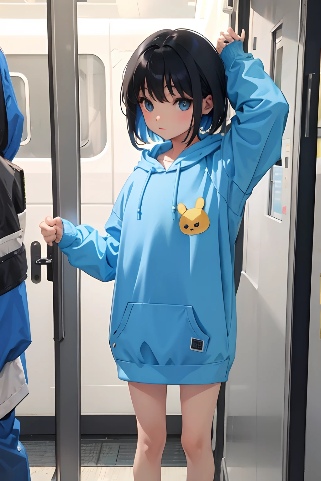 child,(masterpiece,Highest Quality),Light blue hoodie with short sleeves,A dark-haired,train