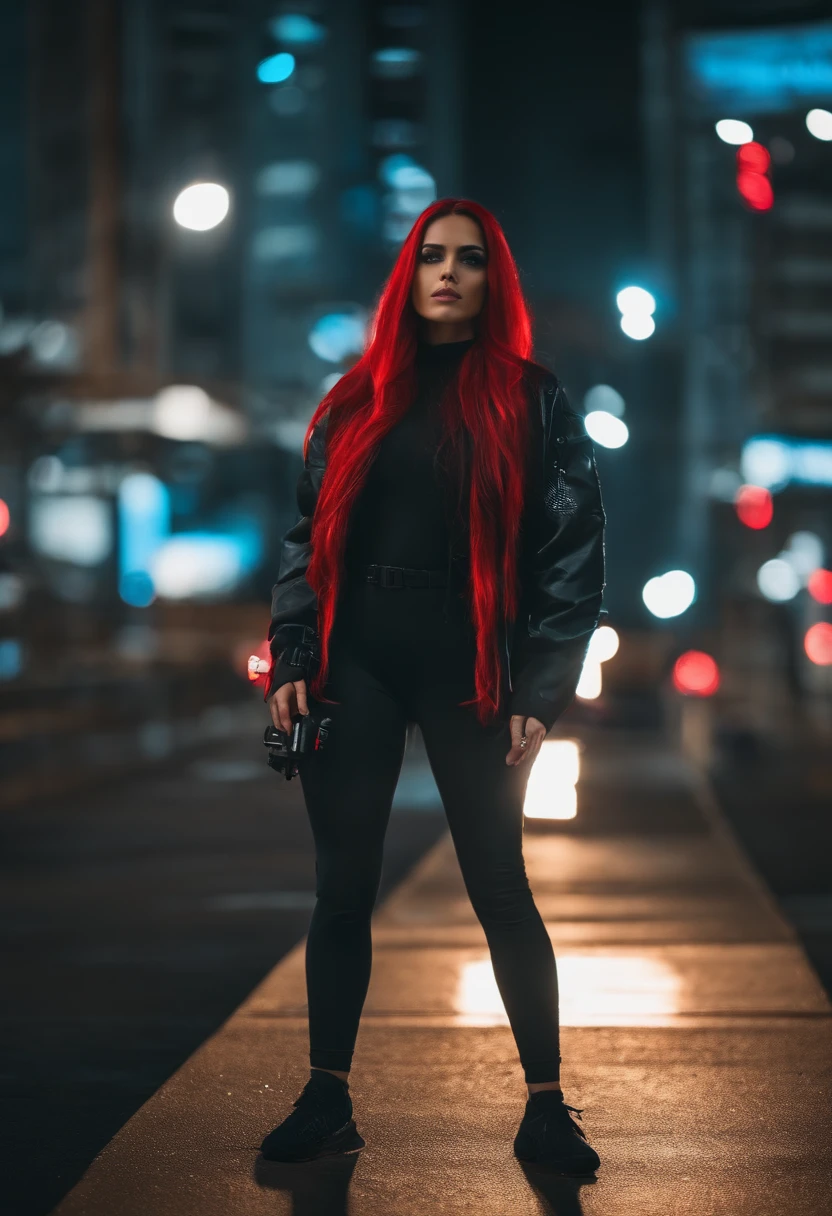 master part , a girl , cabelo vermelho muito longo , olhos azuis , gradiente , figura perfeita , ( Techwear:1.2) , Cyberpunk , futuro , modernidade , em Cyberpunk city, sorrisinho , Rosto detalhado ,, , (8k, Melhor Qualidade 1.2), ultra-detalhado, 8k UHD,, soft lighting, alta qualidade, filmic grain, beautiful lighting,, (cinemactic:1.4) ,Corpo Perfeito , best ilumination, Melhor sombra, agudeza, Contraste,