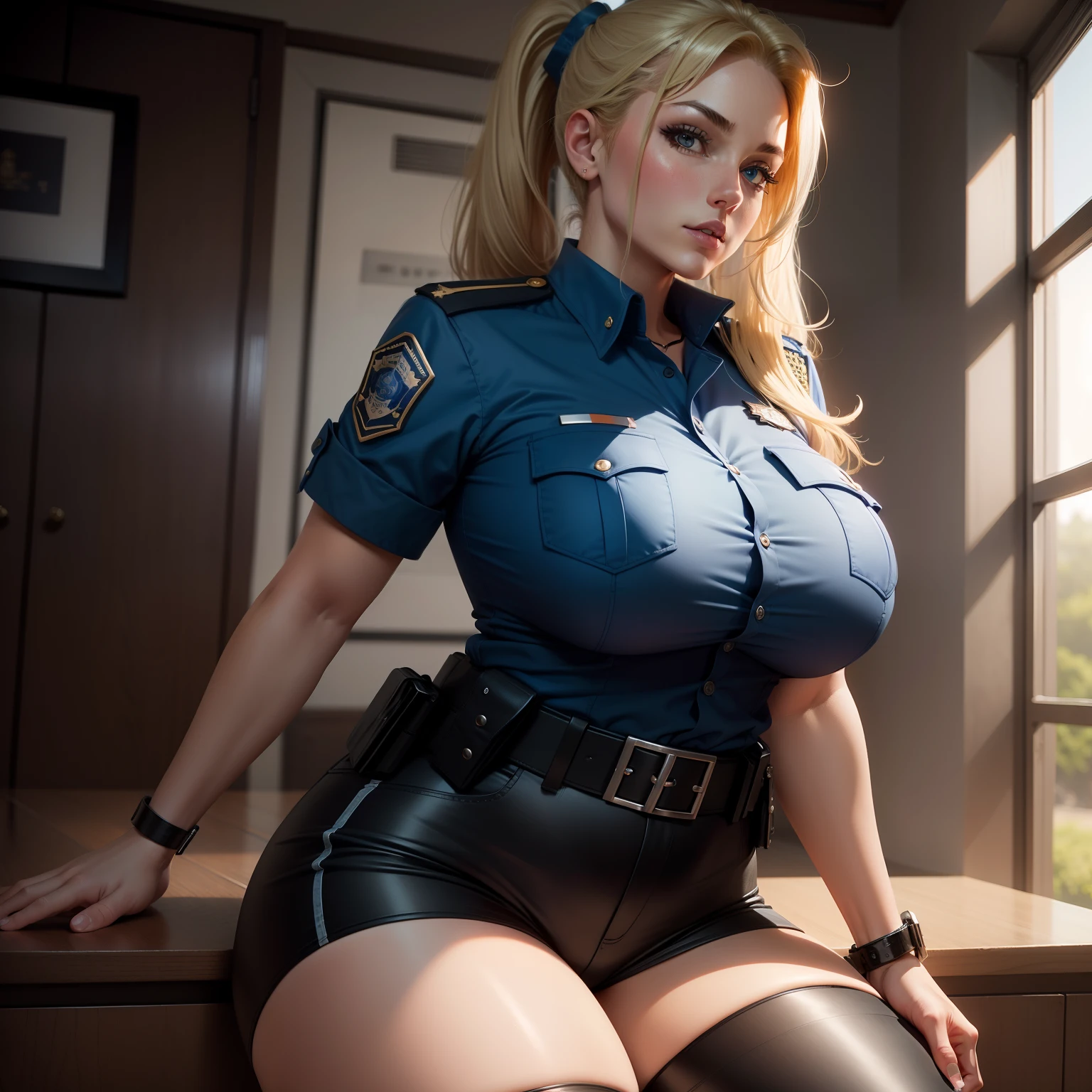 Police woman, big boobs, thick thigh, blonde, ponytail, blue shirt, blue uniform, black pants, Sexy, intricate details, 4k