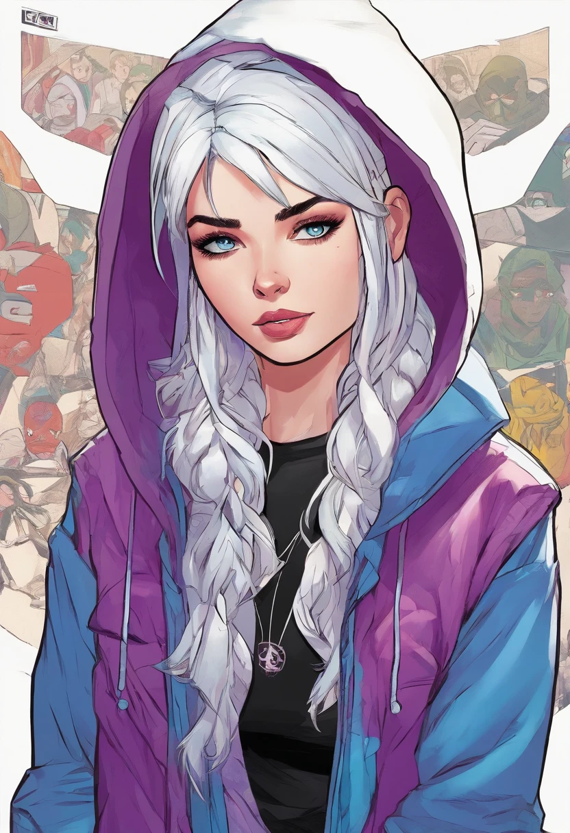 Marvel comic style, girl with white hair and purple, wolfuct hairstyle, pale skin, blue eyes, sharp eyes, mole in her chin, wearing black hoodie