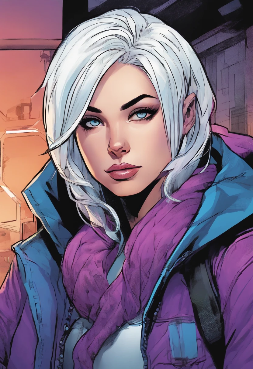 Marvel comic style, girl with white hair and purple, wolfuct hairstyle, pale skin, blue eyes, sharp eyes, mole in her chin, wearing black hoodie