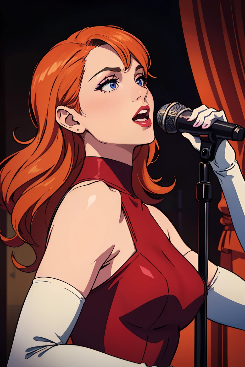 (best quality,4k,8k,highres,masterpiece:1.2),ultra-detailed,(realistic,photorealistic,photo-realistic:1.37), vibrant colors, stage spotlight, vintage microphone, elegant hair, graceful pose, dynamic atmosphere, stylish interior, classic jazz era vibes, captivating performance, soulful expression, animated jazz band, rhythmic music, passionate singing, microphone stand, energetic crowd, glamorous ambiance, seamless visual composition, enchanting red lighting, annette_war, in a red dress, blue eyes, orange hair, long hair, long white elbow gloves, wearing red lipstick, wearing light purple eye shadow, wearing makeup, holding old 1920s microphone, jazz club background, singing