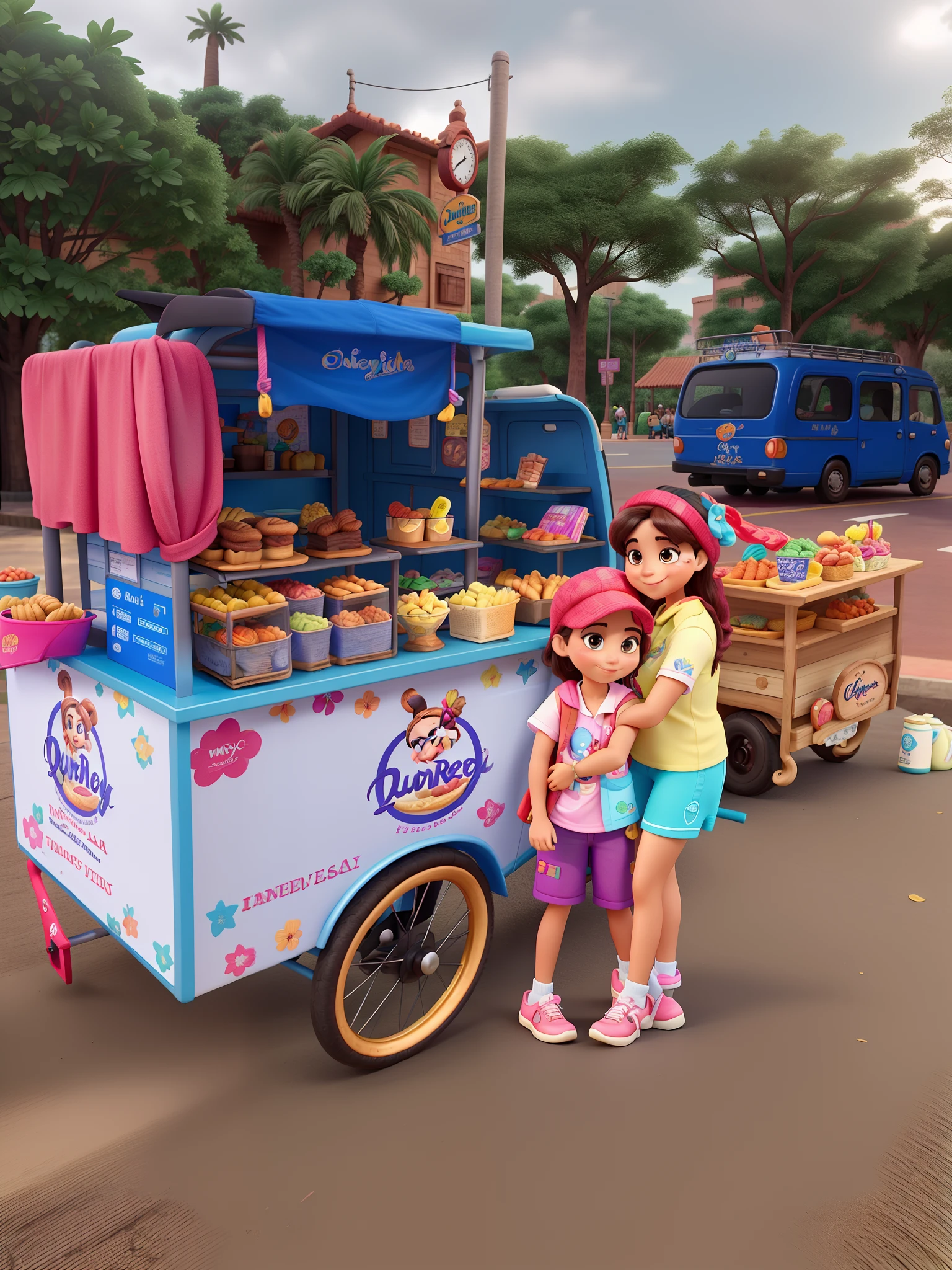 Duas meninas branca em uma Food bike de churros estilo Disney Pixar, Alta qualidade e melhor qualidade