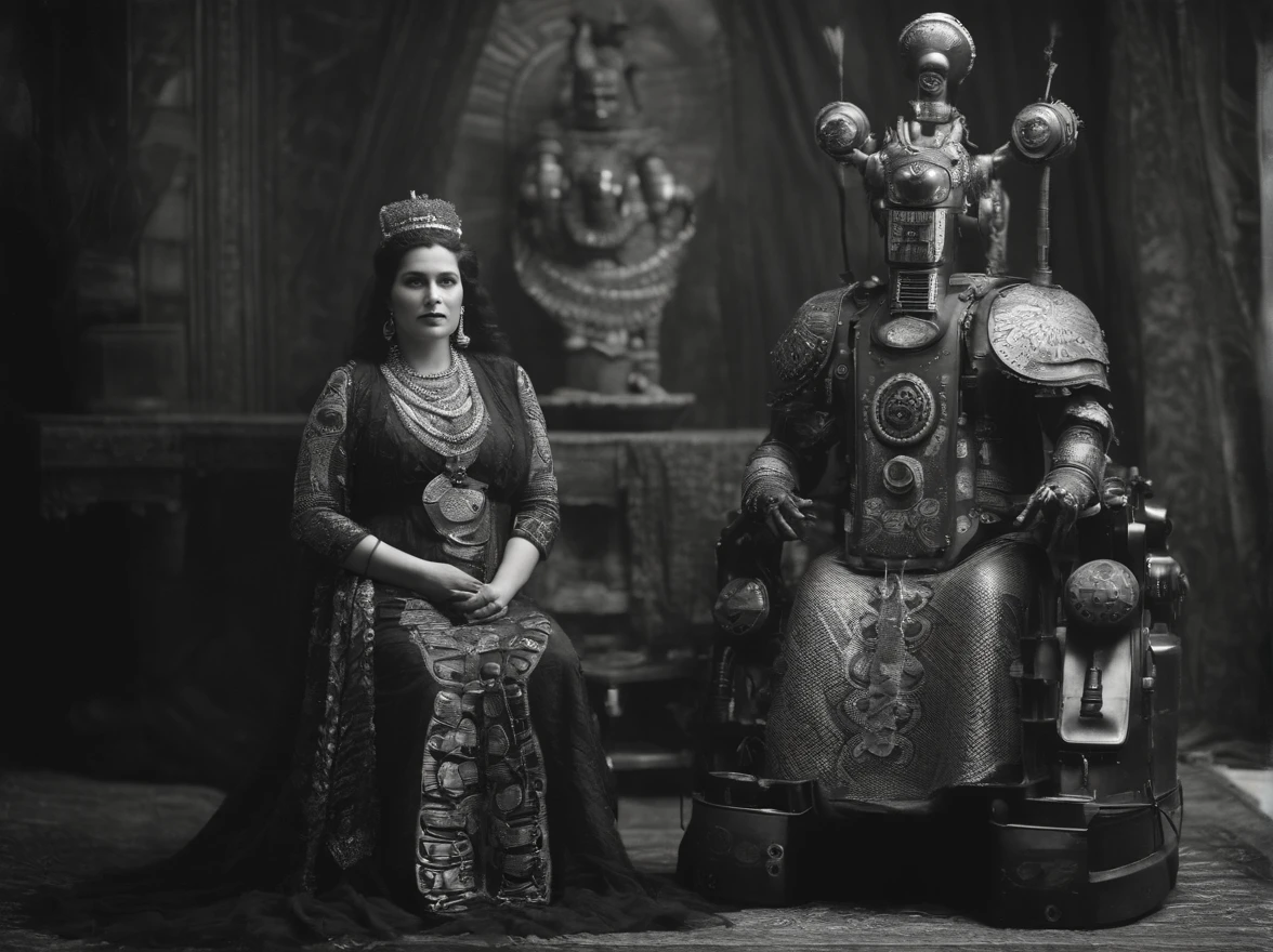 Full body, Tribal pregnant woman wearing the mask of a serpent god, Take a photo with an old-fashioned robot, Capture in black and white, Photos from the 1900s, Gelatin silver print, Add noise, Old Photo Effects