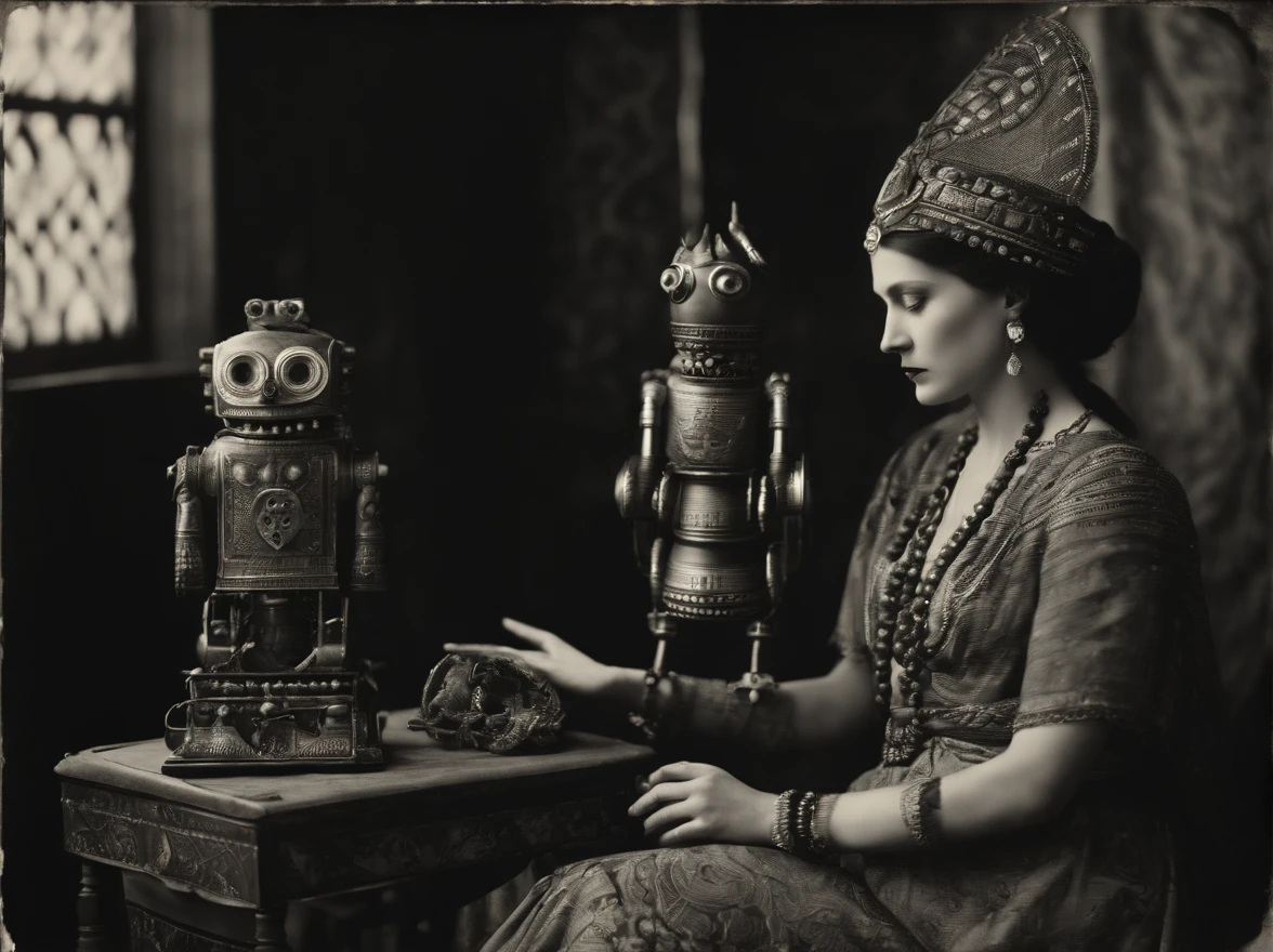 Full body, Tribal pregnant woman wearing the mask of a serpent god, Take a photo with an old-fashioned robot, Capture in black and white, Photos from the 1900s, Gelatin silver print, Add noise, Old Photo Effects