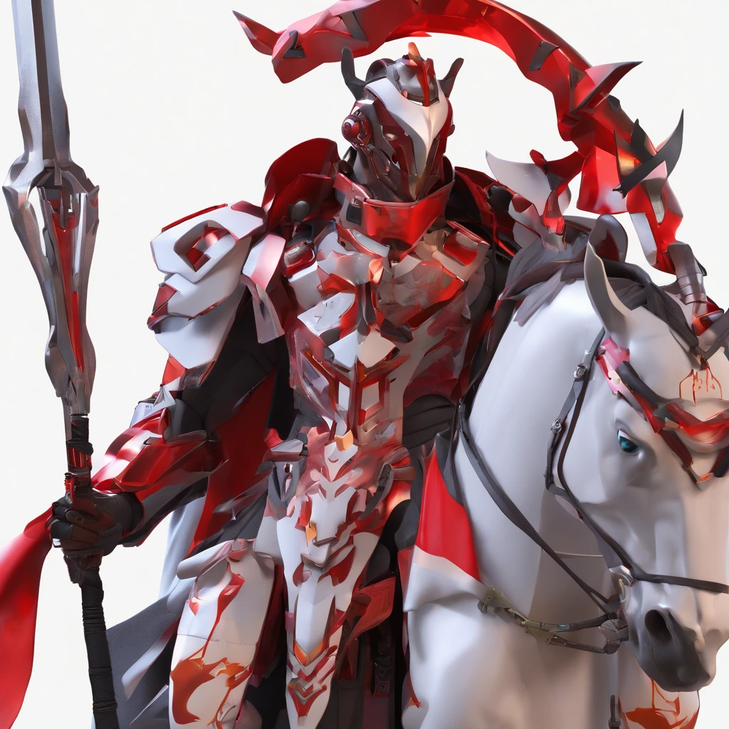 Dark_Fantasy, Cyberpunk, (Fang Tian Painting Halberd, White Horse, Red: 1.1), 1 Man, Mechanical Marvel, Robot Existence, Cybernetics Guardian, Beauty