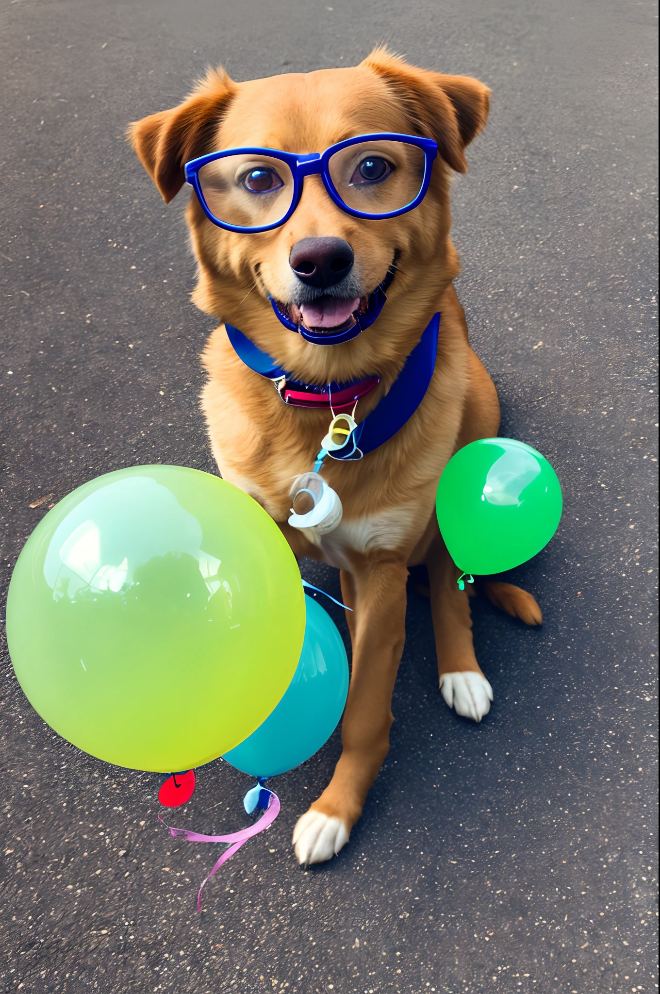 Dog with glasses and balloon in hand