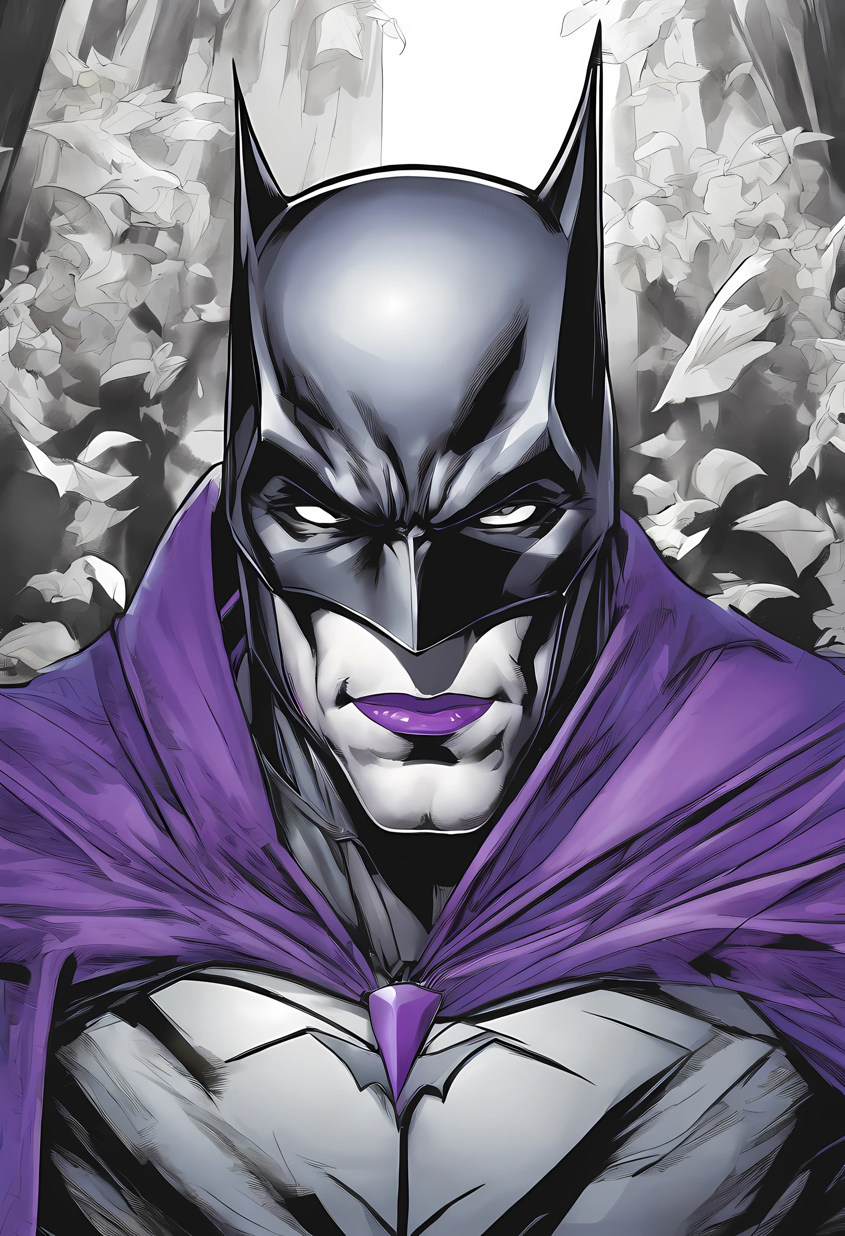 high details, best quality, 16k, [ultra detailed], masterpiece, best quality, (extremely detailed), head shot of Batman but the face behind the mask belong to the Joker, masculine face, white face make up, purple lipstick, (black bat mask: 1.3), (black bat armor: 1.2) Ultra detailed, best quality,