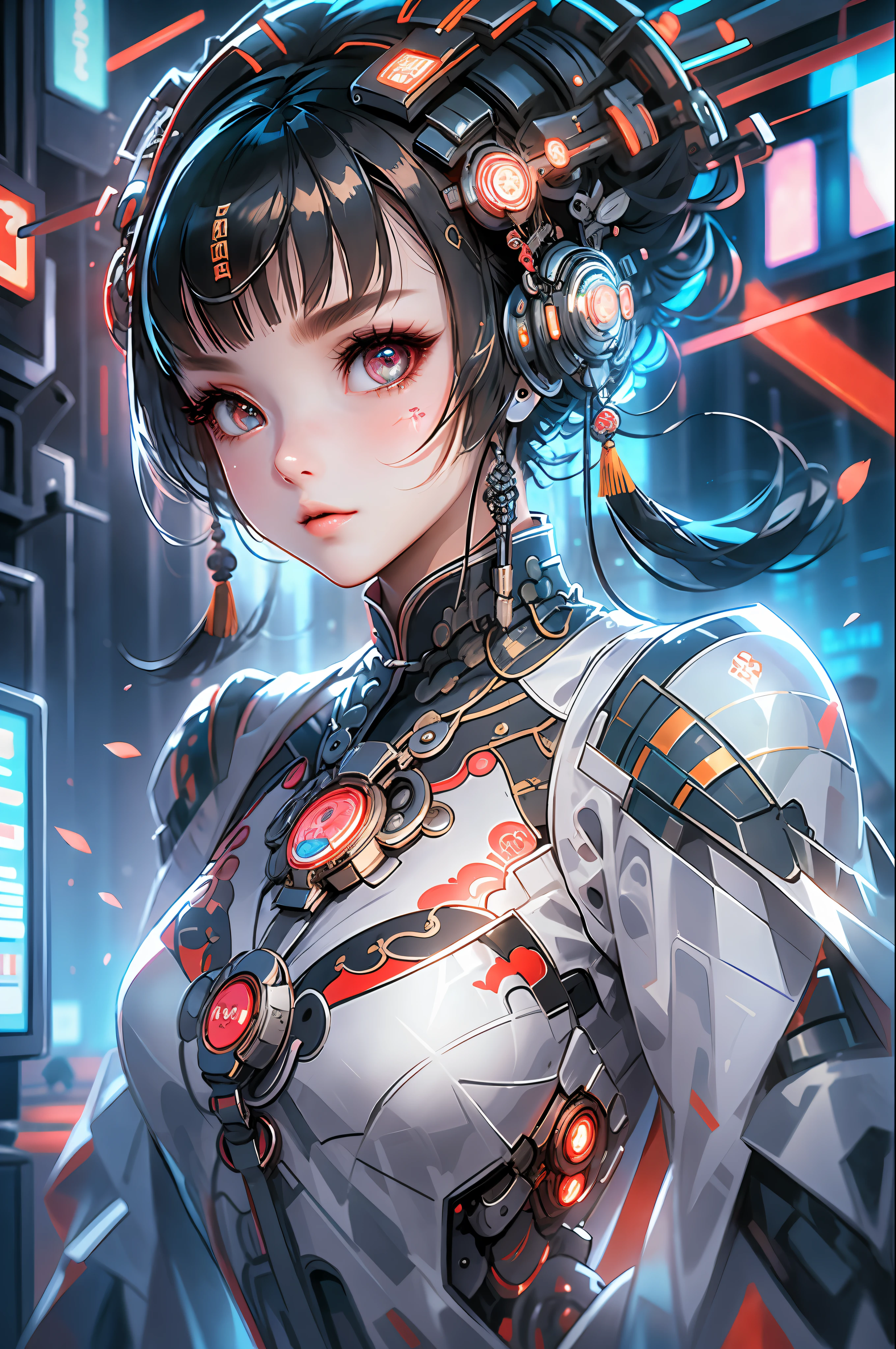 A portrait photograph of mid-twenties Japanese female android made of white and silver transparent glass and plastic, geisha makeup, black hairstyle, silver and gold metal internal body mechanisms, dynamic pose, flowing organic construction, detailed engraving, lacework designs, glowing golden circuitry, colorful neon trim, detailed engraving, lacework designs, glowing circuitry, neon trim, art by H.R. Giger, Greg Rutowski