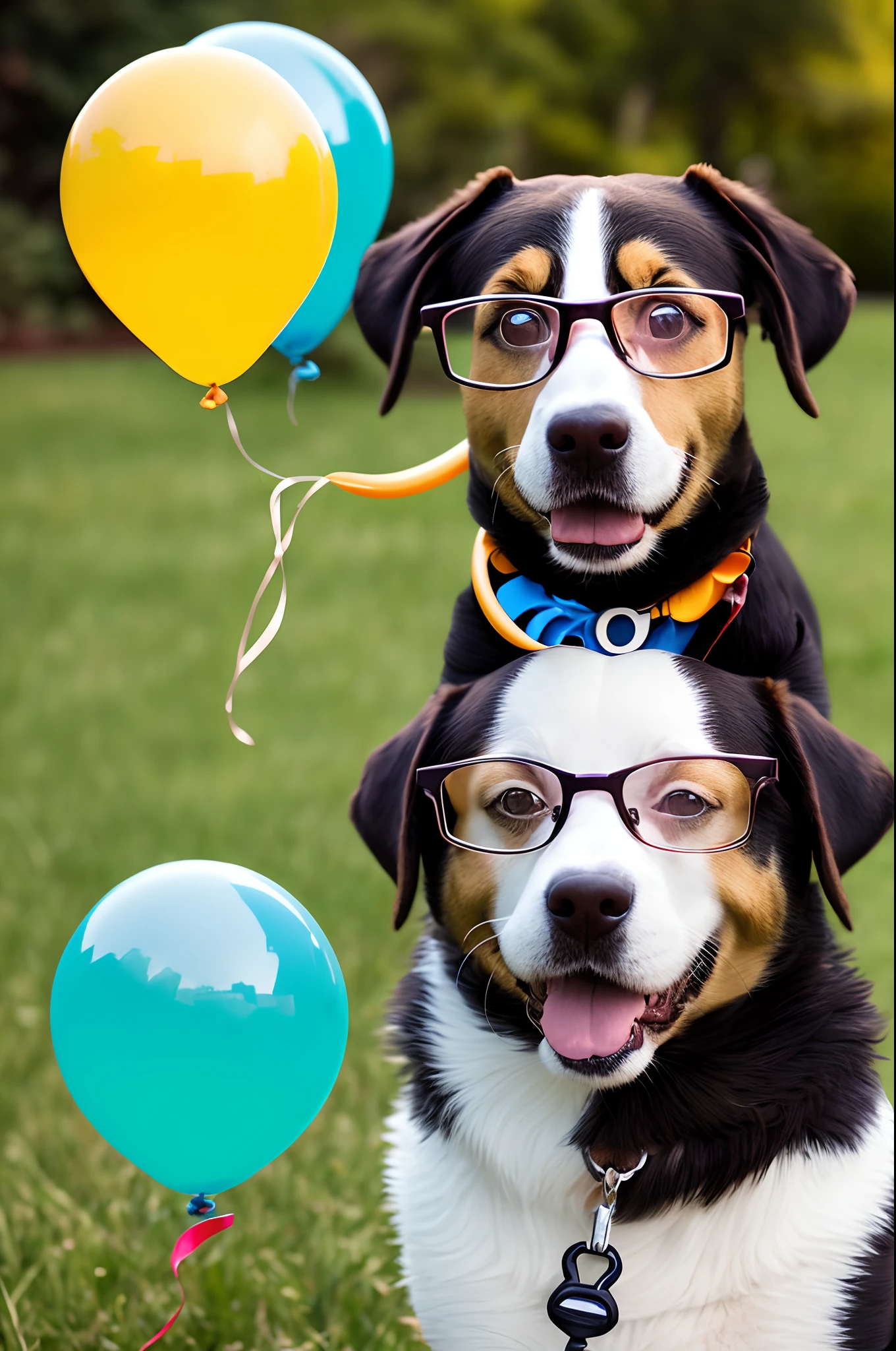 Dog with glasses and balloon in hand