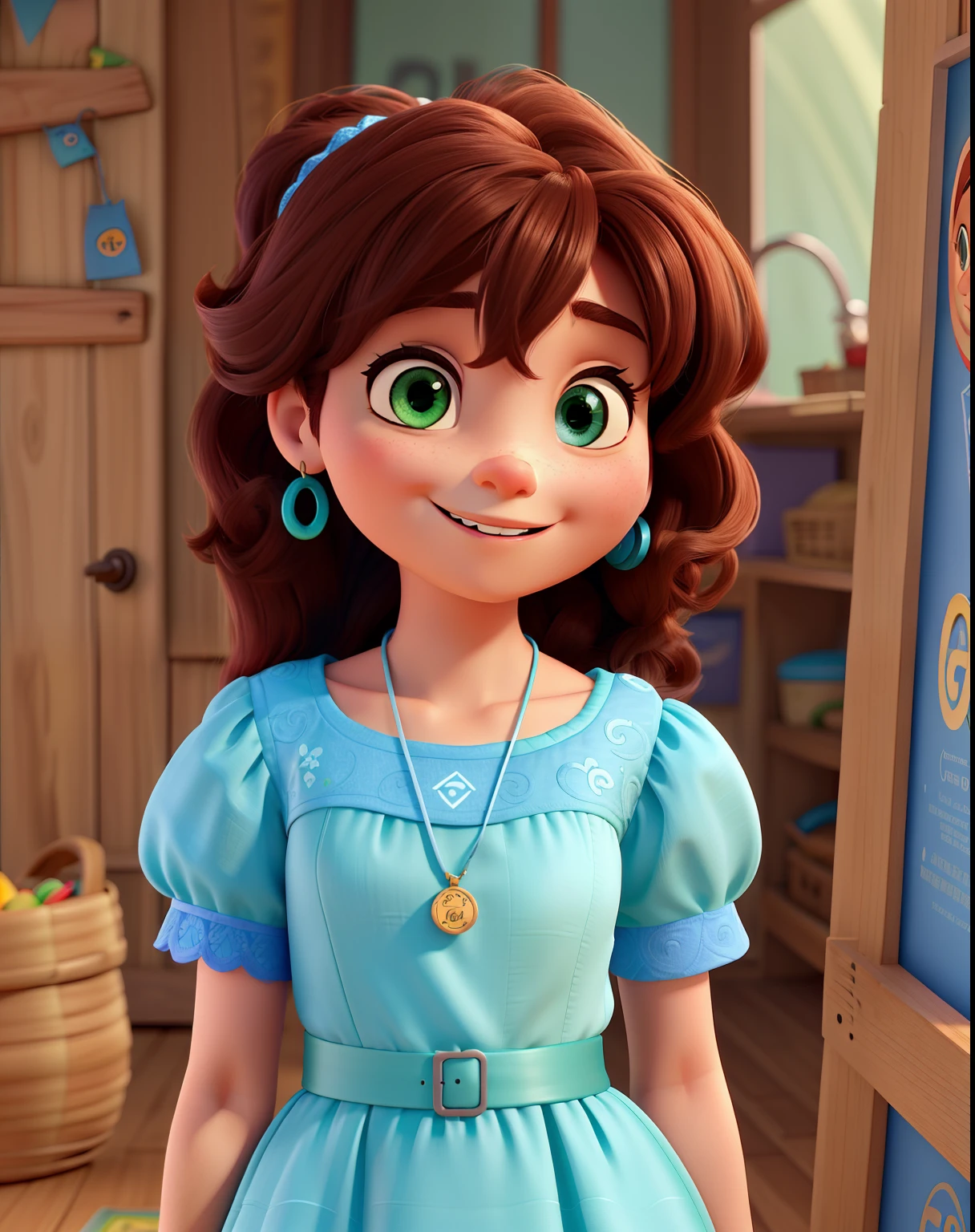 A Disney Pixar-inspired movie poster with title Fonoaudióloga Caroline Reis.

mulher branca sorridente de vestido verde com uma criança ao lado the scene should be in the distinct digital art style of Pixar, with a focus on character expressions, vibrant colors, and detailed textures that are characteristic of th animations, with the title aro.