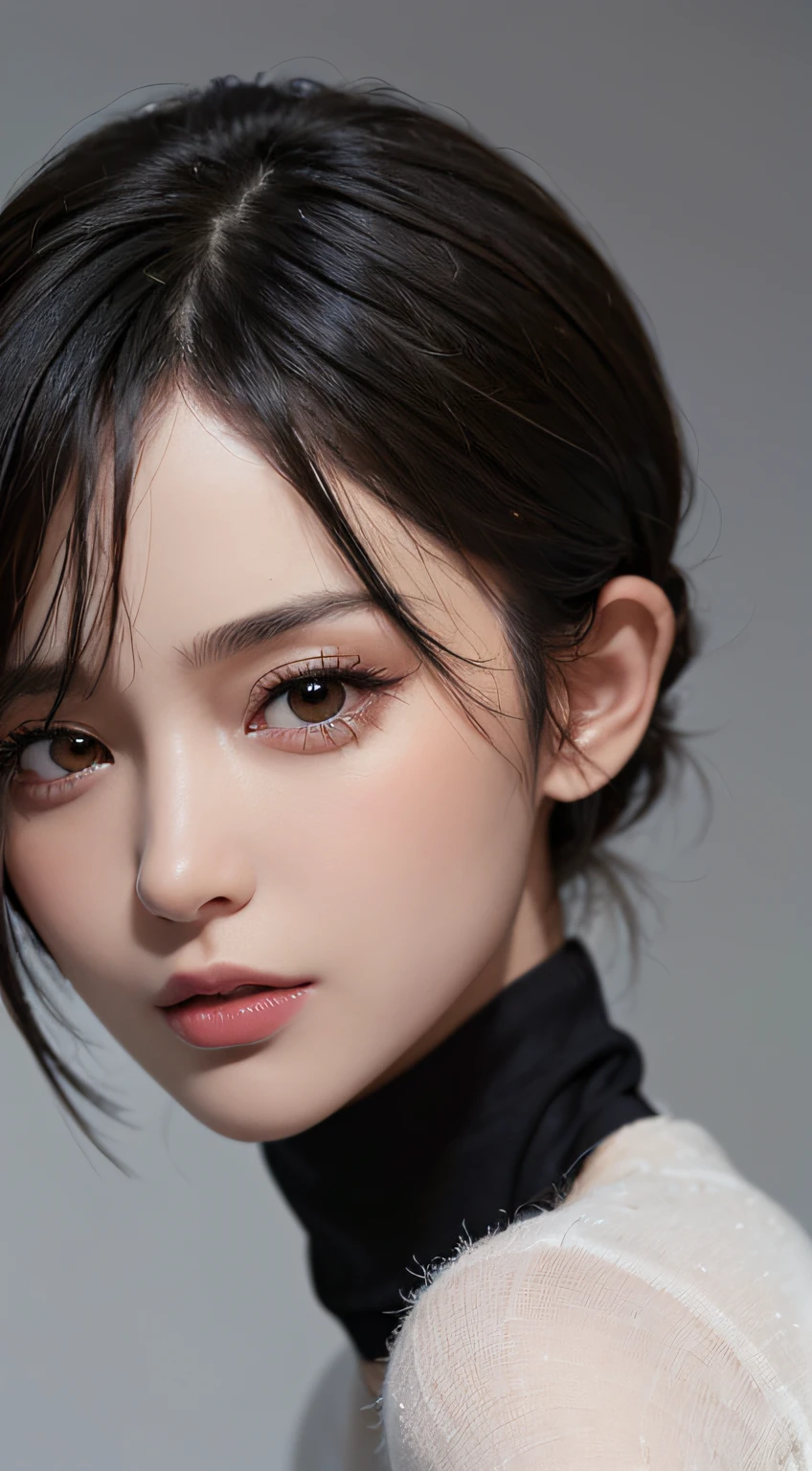 (masutepiece:1.3), (8K, Photorealistic, Raw photo, Best Quality: 1.4), (1girl in), Beautiful face, (Realistic face), (Black hair, Short hair:1.3), Nice hairstyle，Realistic eyes，Nice detail eyes，（Realistic skin），Beautiful skins，Lovely white turtleneck sweater，Don't overexpose，Do not show your fingers，enticing，超A high resolution，Ultra photo realsisim，Very detailed，the golden ratio