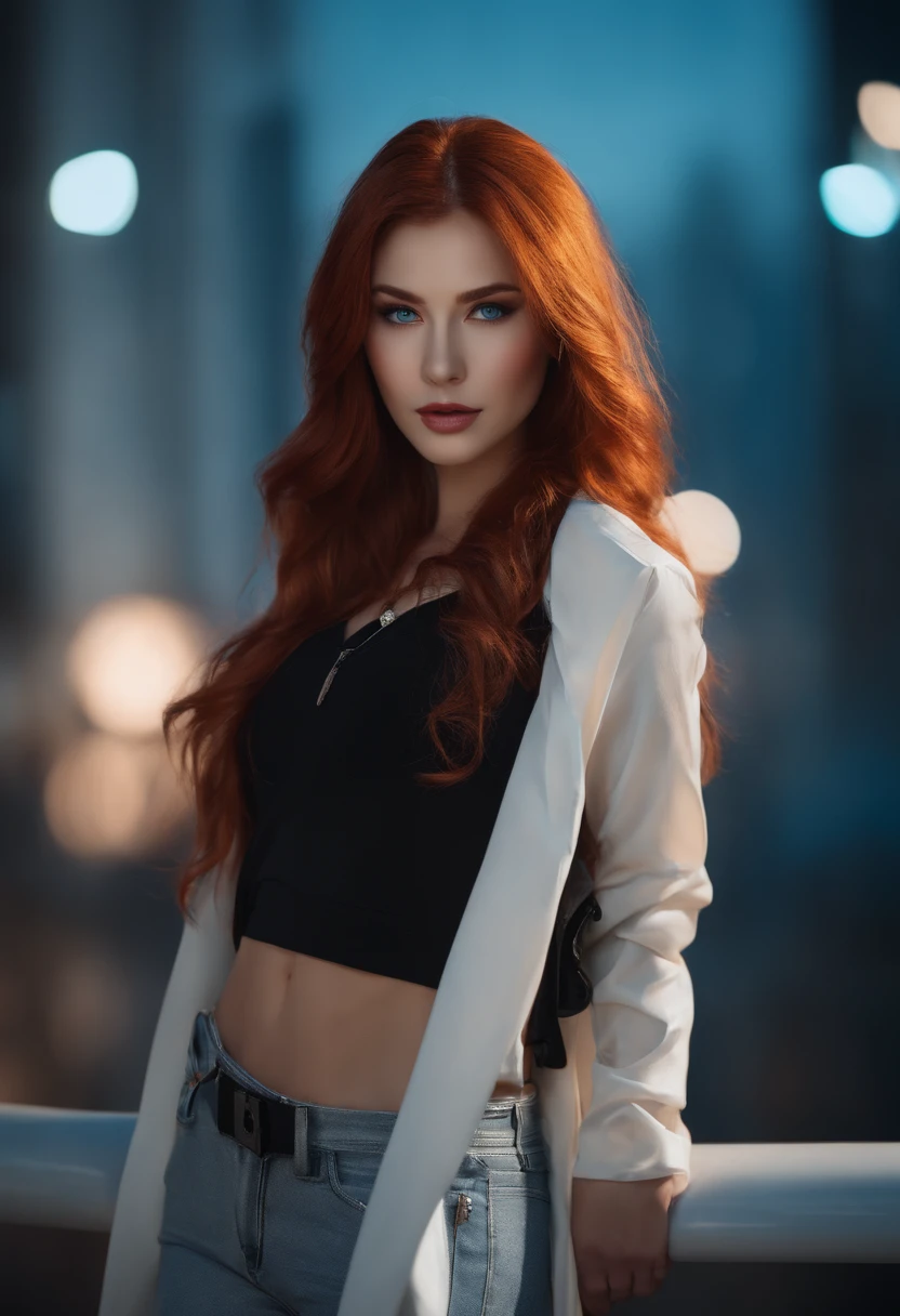 Master Parts , girl with , Very long redhead , blue eyes , gradient , Perfect figure , ( tech wear:1.2) , Cyberpunk , mirai , modernity , EM Cyberpunk City, smirk , 详细的脸 ,, , (8K, Best Quality 1.2), ultra-detailliert, 8K UHD,, Soft lighting, hightquality, film grains, Beautiful lighting,, (cinematic:1.4) ,perfect bodies , The best lighting, best shade, Sharpness, contrast,