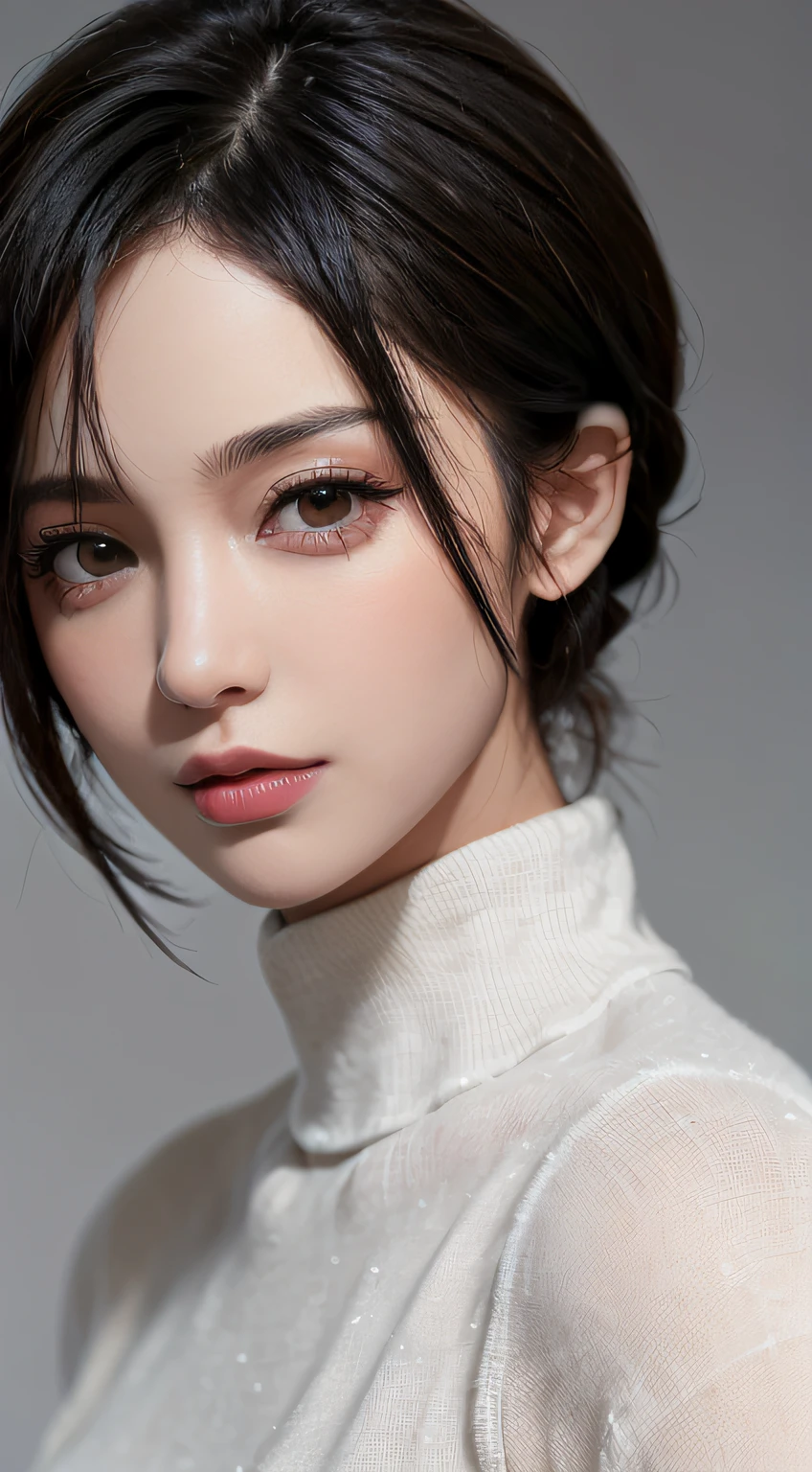 (masutepiece:1.3), (8K, Photorealistic, Raw photo, Best Quality: 1.4), (1girl in), Beautiful face, (Realistic face), (Black hair, Short hair:1.3), Nice hairstyle,Realistic eyes,Nice detail eyes,(Realistic skin),Beautiful skins,Lovely white turtleneck sweater,Don't overexpose,Do not show your fingers,enticing,超A high resolution,Ultra photo realsisim,Very detailed,the golden ratio