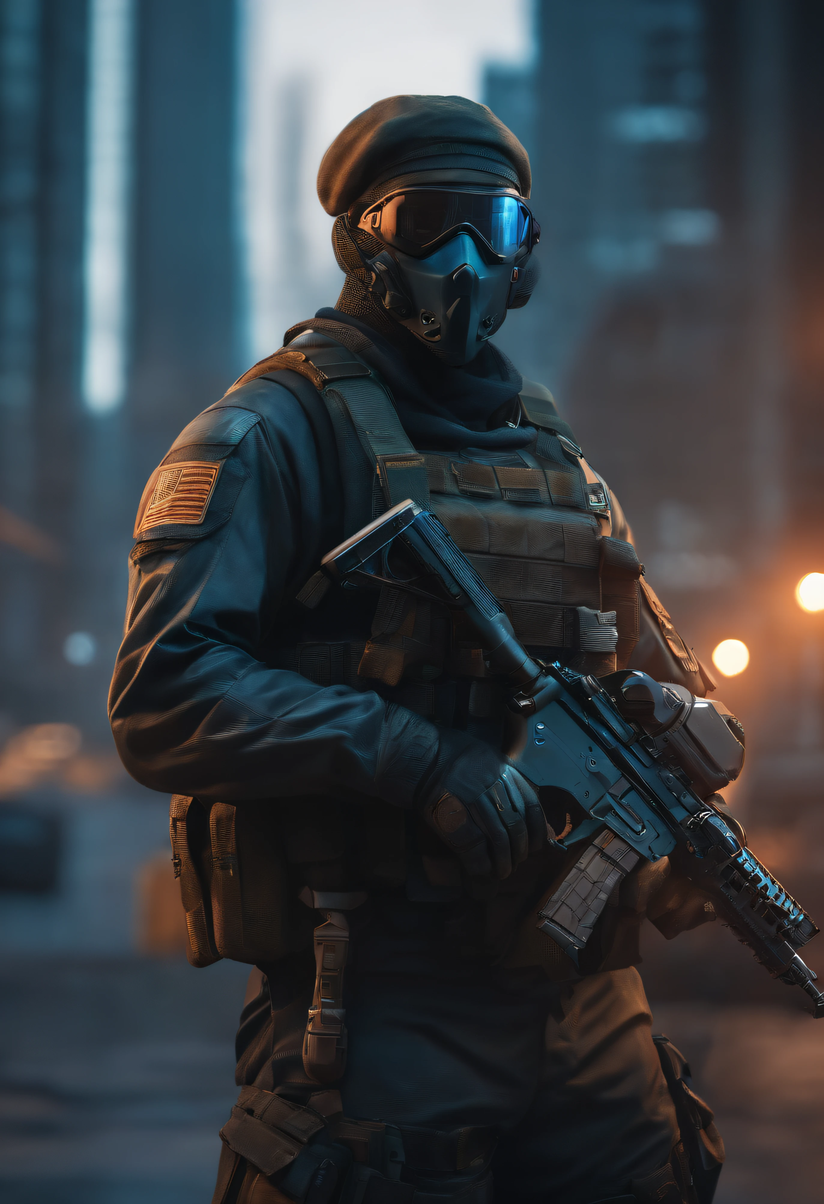 Arafi soldiers in the city with guns and flashlights, cyberpunk soldier, concept art like ernest khalimov, game poster, battleground background, wojtek fus, video game render, anton fadeev 8 k, futuristic soldier, hq 4k phone wallpaper, game promotional poster, Unreal 5. RPG portrait, fps game concept art, fps game concept,Ghost mask for the face