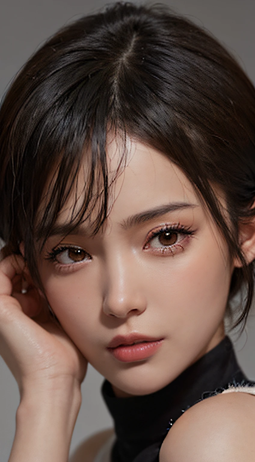 (masutepiece:1.3), (8K, Photorealistic, Raw photo, Best Quality: 1.4), (1girl in), Beautiful face, (Realistic face), (Black hair, Short hair:1.3), Nice hairstyle，Realistic eyes，Nice detail eyes，（Realistic skin），Beautiful skins，Lovely white turtleneck sweater，Don't overexpose，Do not show your fingers，enticing，超A high resolution，Ultra photo realsisim，Very detailed，the golden ratio