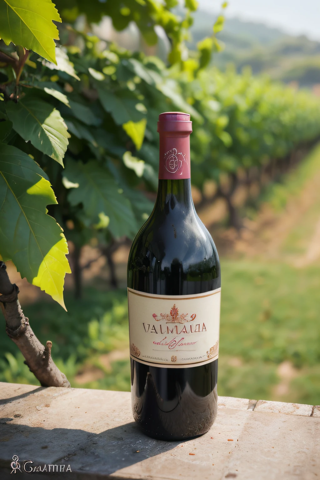 garrafa de vinho glamurosa com vinhedo ao fundo