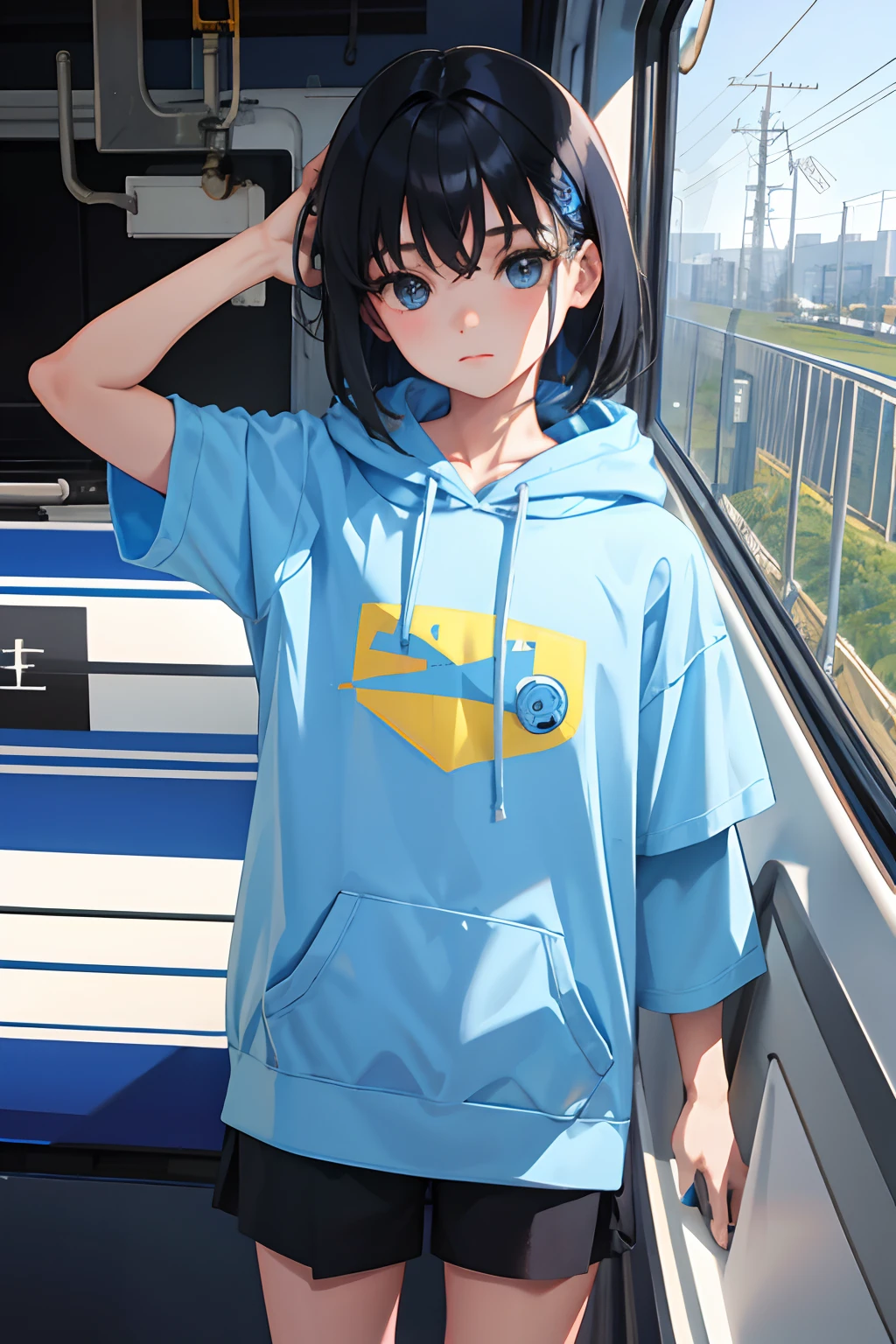 child,(masterpiece,Highest Quality),Light blue hoodie with short sleeves,A dark-haired,Train