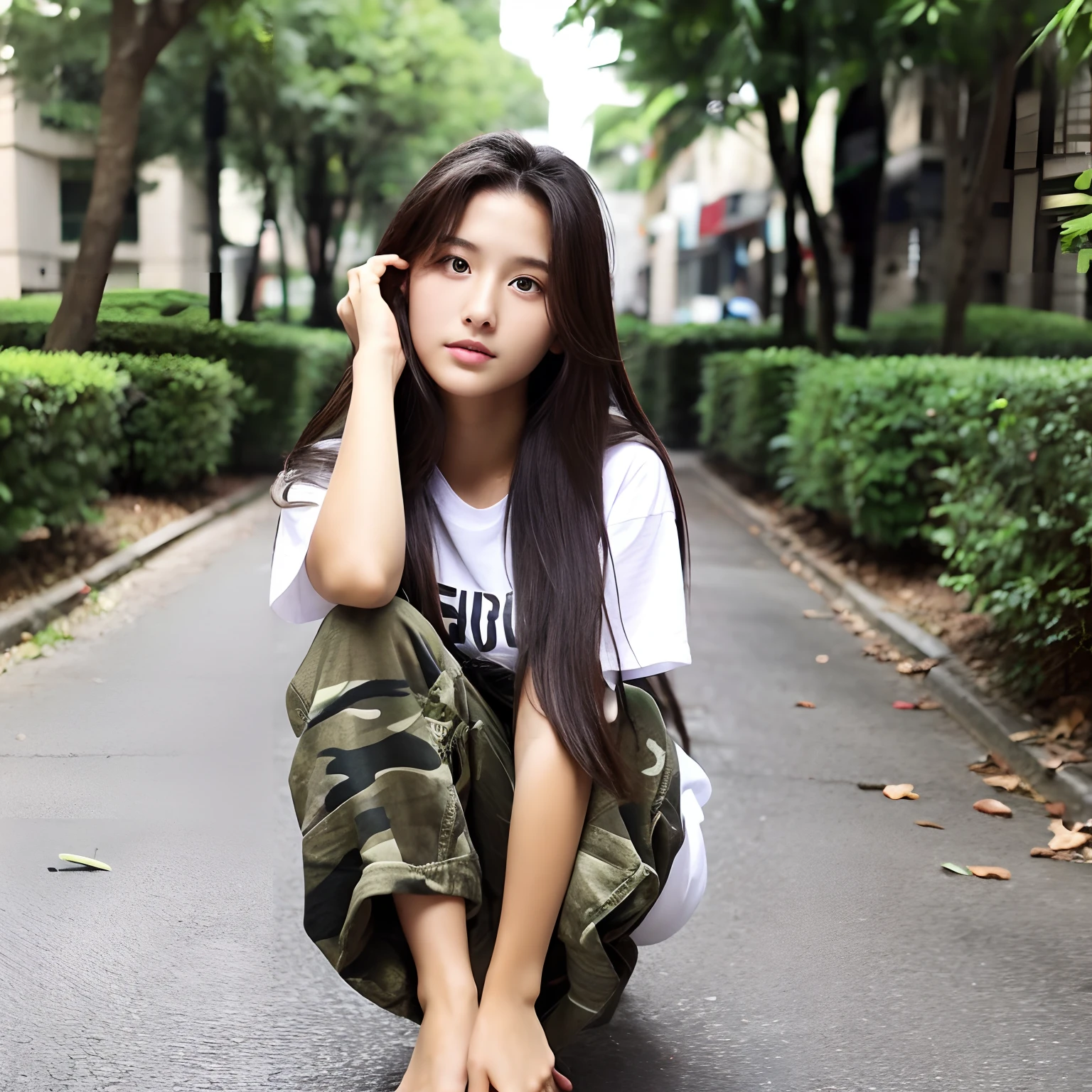 21years old、Beautuful Women、Slimed、Camouflage pants、White T-shirt、Long hair、A dark-haired、Legs are exposed。Arms are thrown forward。Cute eyes。C Cup Bust