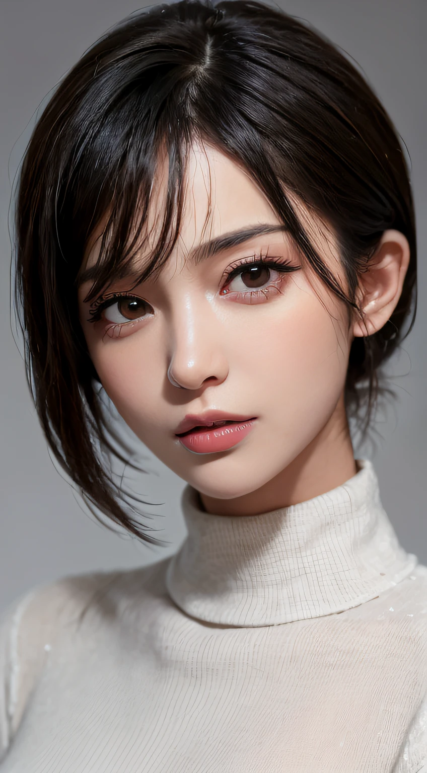 (masutepiece:1.3), (8K, Photorealistic, Raw photo, Best Quality: 1.4), (1girl in), Beautiful face, (Realistic face), (Black hair, Short hair:1.3), Nice hairstyle，Realistic eyes，Nice detail eyes，（Realistic skin），Beautiful skins，Lovely white turtleneck sweater，Don't overexpose，Do not show your fingers，enticing，超A high resolution，Ultra photo realsisim，Very detailed，the golden ratio