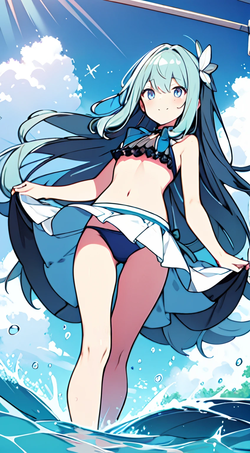 masuter piece, Best Quality,32K、Wallpaper, ultra -detail, Absurd beauty, 1beautiful girl、Big crisp eyes、Hair fluttering in the wind、Slender legs、Smaller head、miscievous smile、Angle looking up from below:1.3、♡♡♡、(Poses in motion)、The bikini、swimming pools:1.3、ample breasts