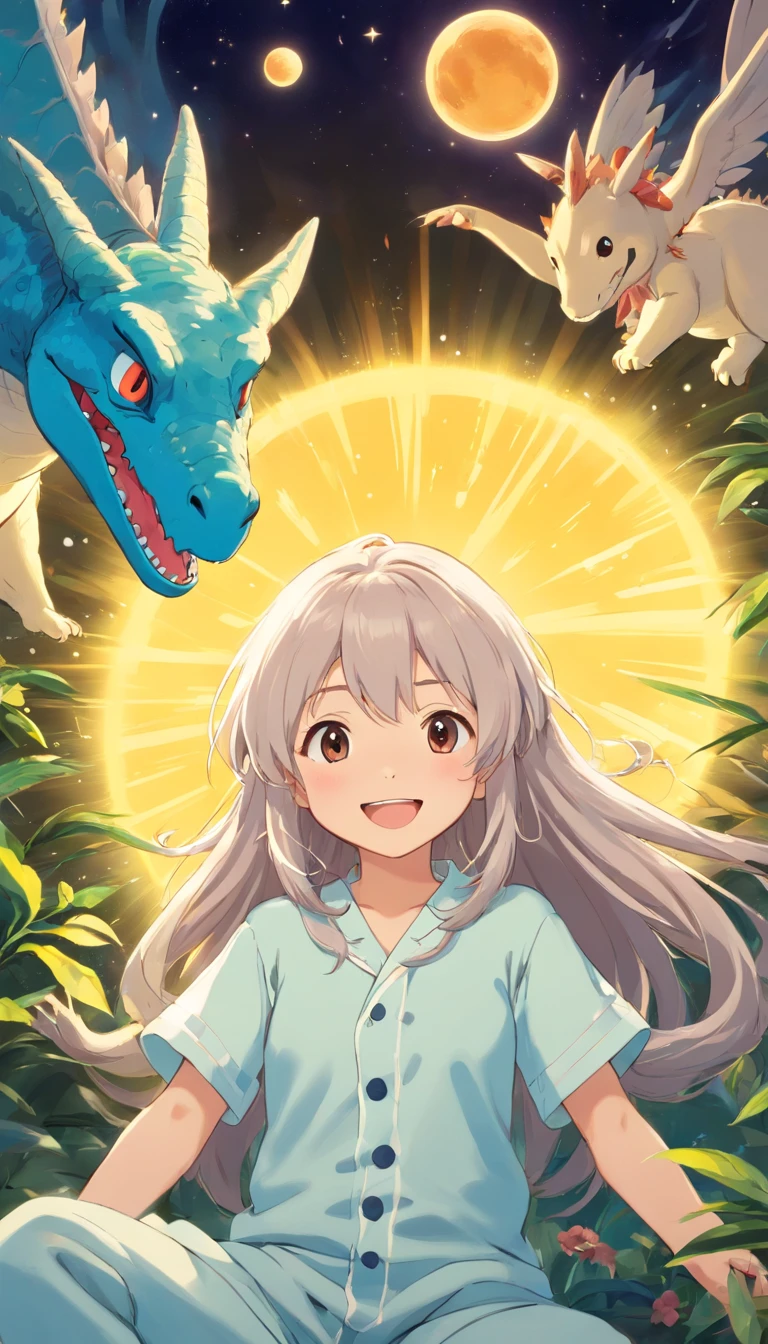 heal,Reject EMO,Very happy,Very happy,Face life with a smile,rays of sunshine,long whitr hair,Little dinosaur pajamas and nightcaps