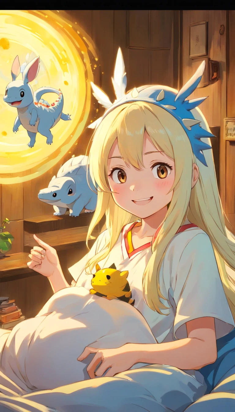 heal，Reject EMO，Very happy，Very happy，Face life with a smile，rays of sunshine，long whitr hair，Little dinosaur pajamas and nightcaps