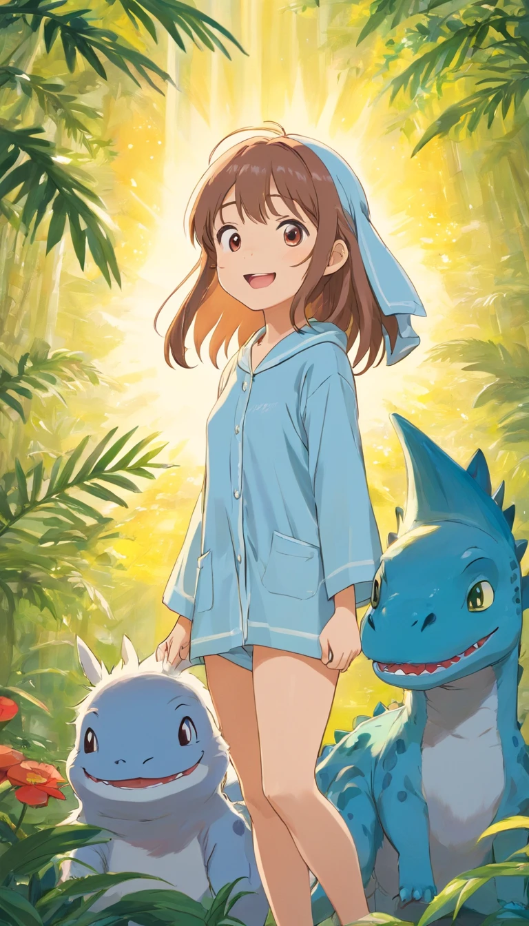 A naked cave woman is bored, her pet blue velociraptor is on the couch. The cave woman is tickling her pet dinosaurs neck and stomach. The dinosaur is wiggling in joy and mocks at trying to get away