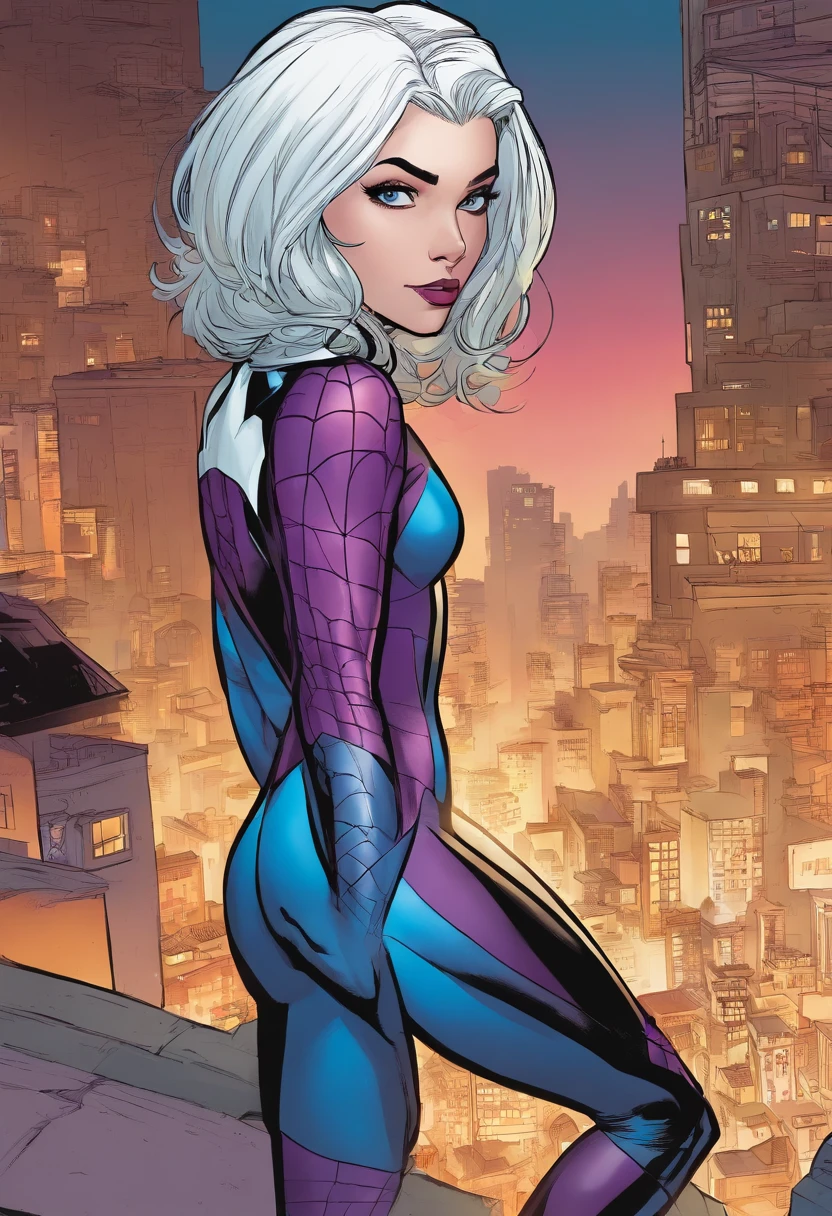 Marvel panel comic style, girl with white hair and purple, short hair, pale skin, blue eyes, sharp eyes, mole in her chin, wearing black spiderman suit, rounded face, no smiling,