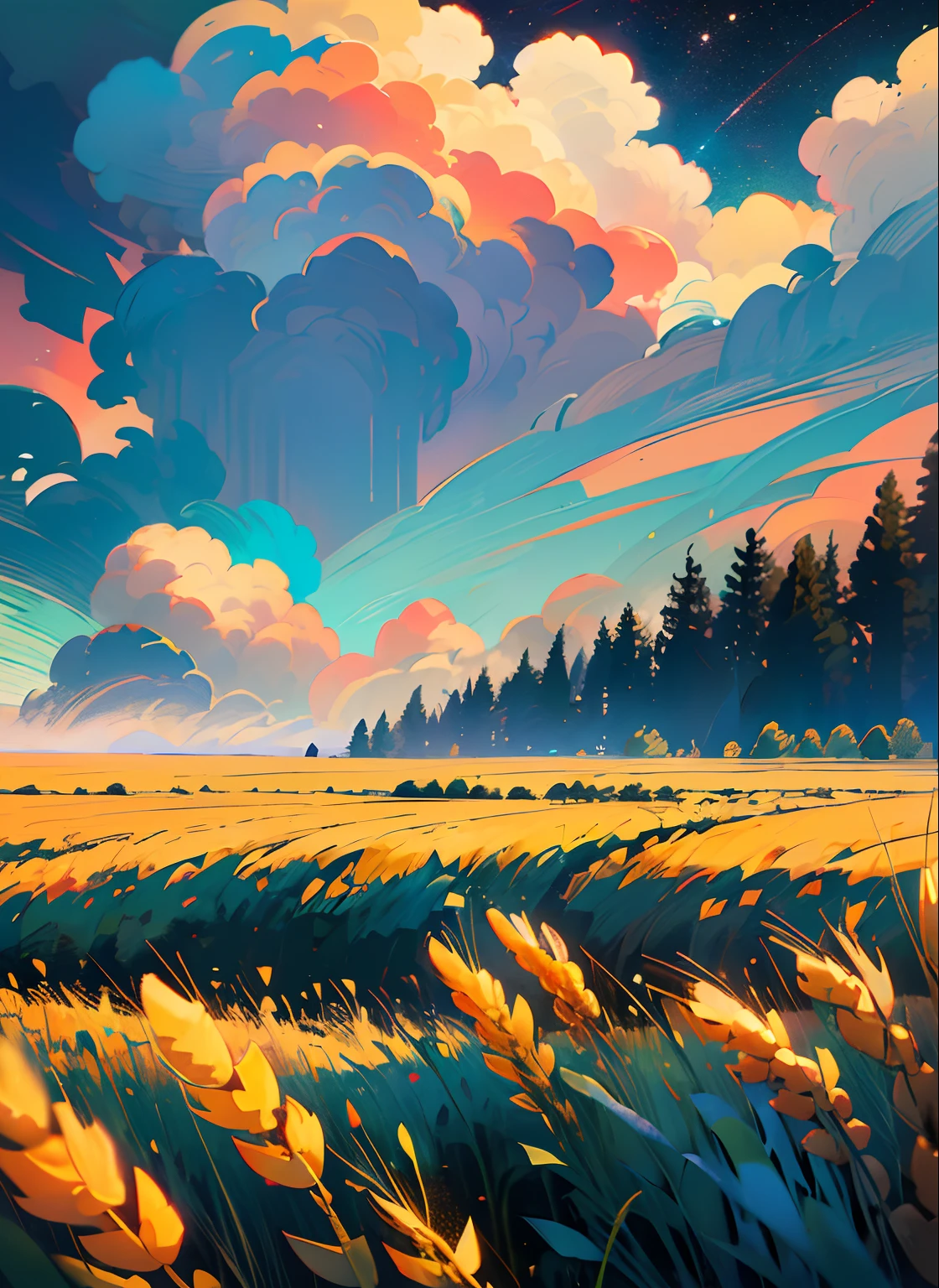 Wheat fields, big clouds, blue sky, rice fields, neat rice seedlings in the fields, forests, hillsides, secluded, rural, HD detail, hyper-detail, cinematic, surrealism, soft light, deep field focus bokeh, ray tracing and surrealism. --v6