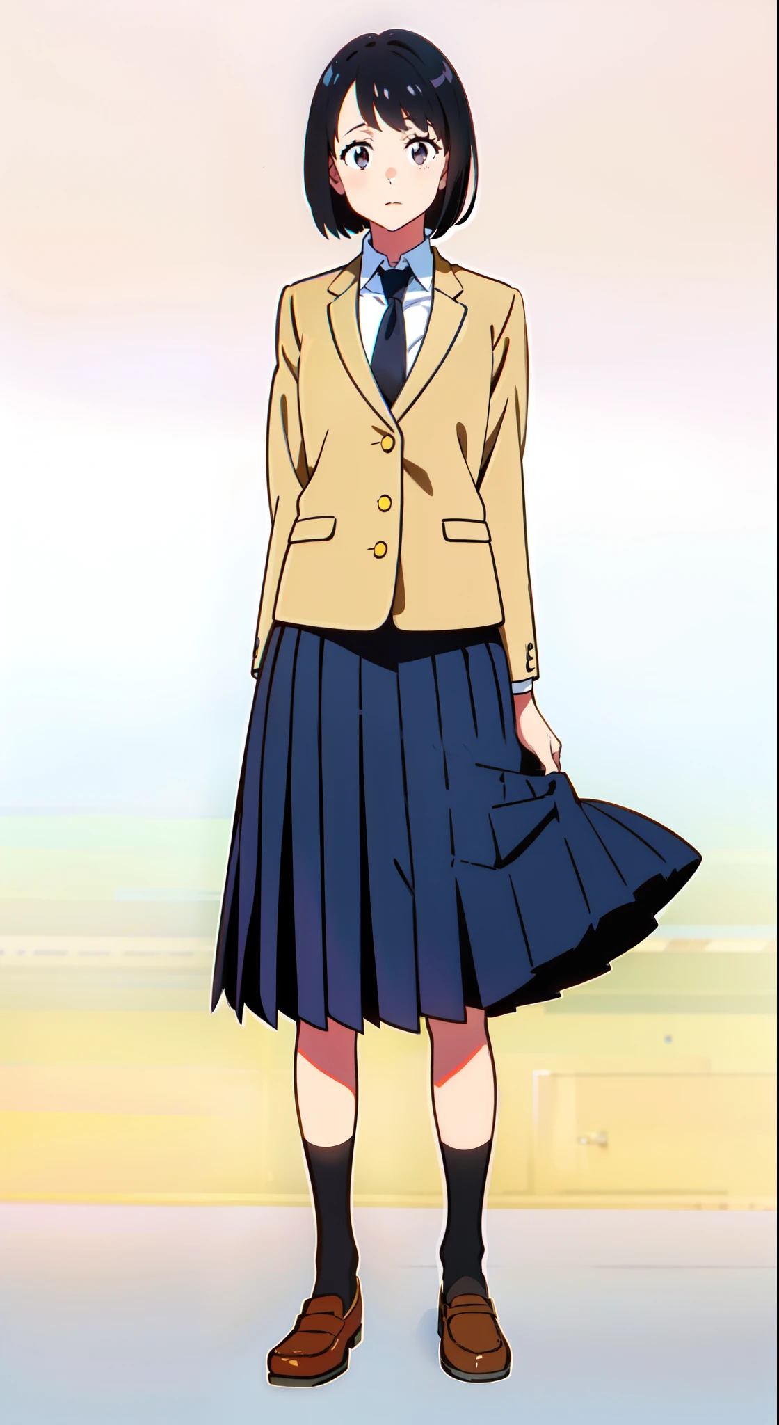 (white background:1.0), (best quality:1.0), (masterpiece:1.0), (full body), (solo:1.0), (1 cute girl:1.0), (long skirt:1.0), (dark blue skirt:1.0), (pleated skirt:1.0), (school uniform beige blazer:1.0), (dark blue necktie:1.0), (black socks:1.0), (loafers:1.0), (tall:1.0), (slender:1.0), (small breasts:1.0), (detailed beautiful eyes:1.0), (detailed beautiful face:1.0), (glowing black eyes:1.0), (short hair:1.0), (strait hair:1.0), (black hair:1.0)