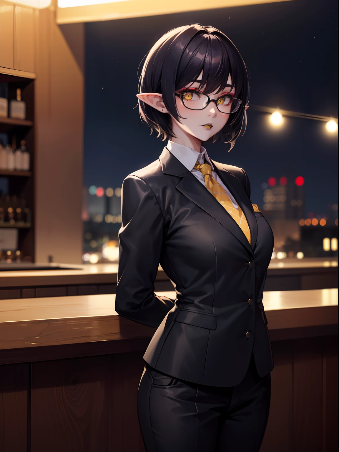 highres, masterpiece, perfect ligthing, bloom, cinematic lighting, adult, perfect skin, female,1girl,solo,black hair,half buzzcut,yellow eyes,pointy ears,makeup, black lipstick ,mature woman, bar,standing,arms behind back,night, glasses, suit,pants,