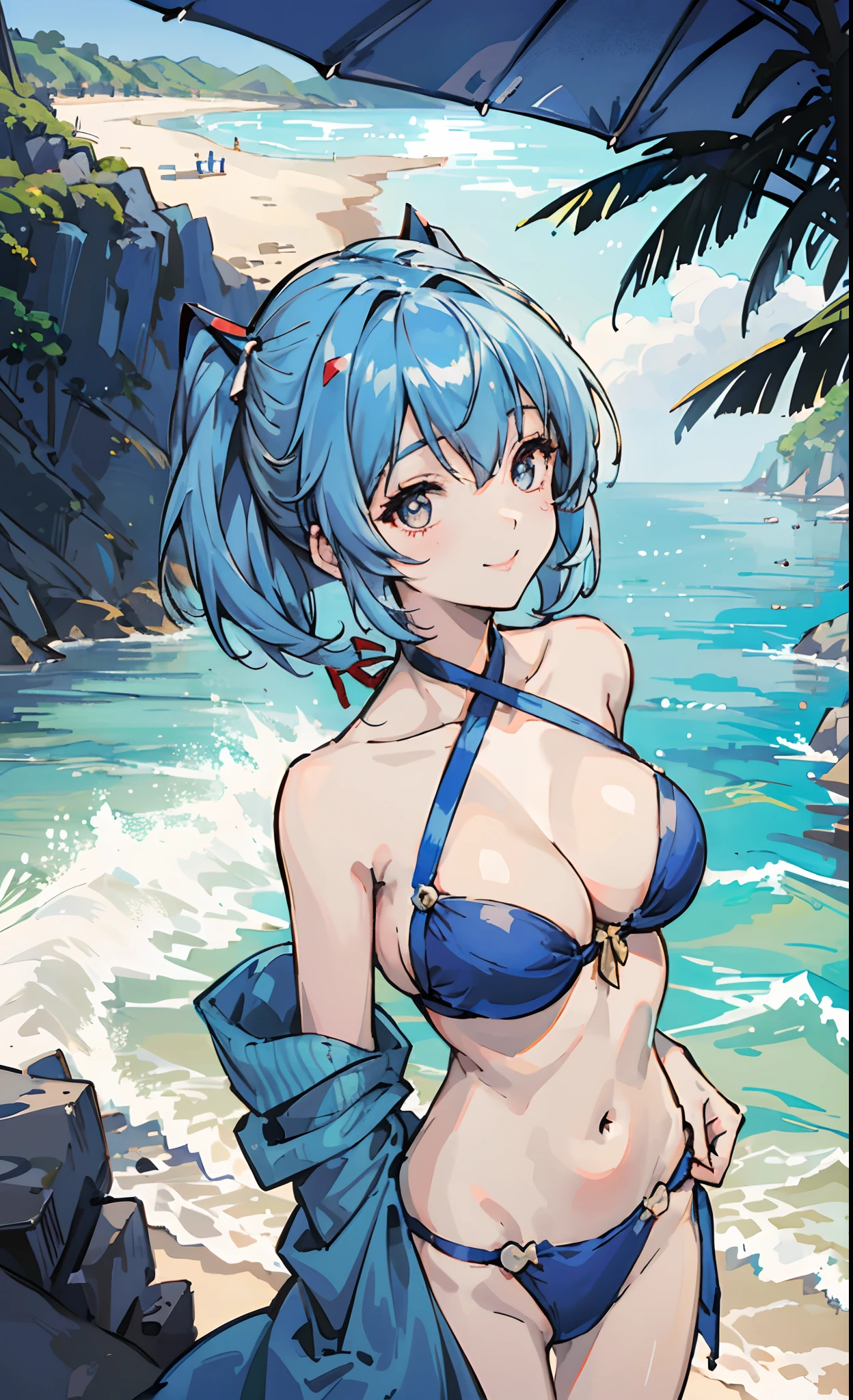 girl with, Ayanami, evangerion,Blue Hair Top Quality, Big Tits Bikini, the beach, kindly smile, Dusk light,