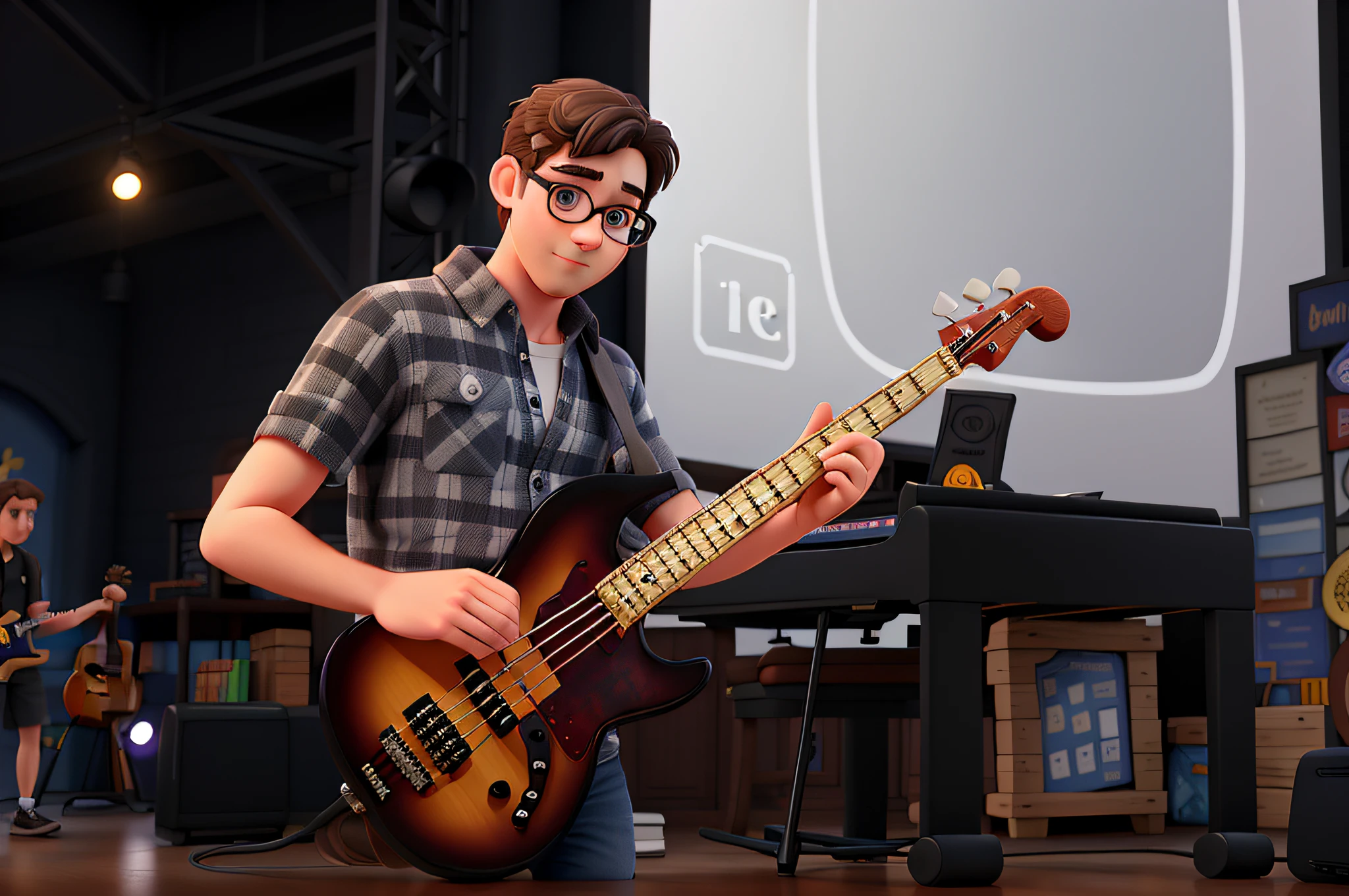 A white man with dark eyes and short hair and wearing Disney Pixar style glasses, high quality, best quality, playing a 4-string bass guitar at a live show