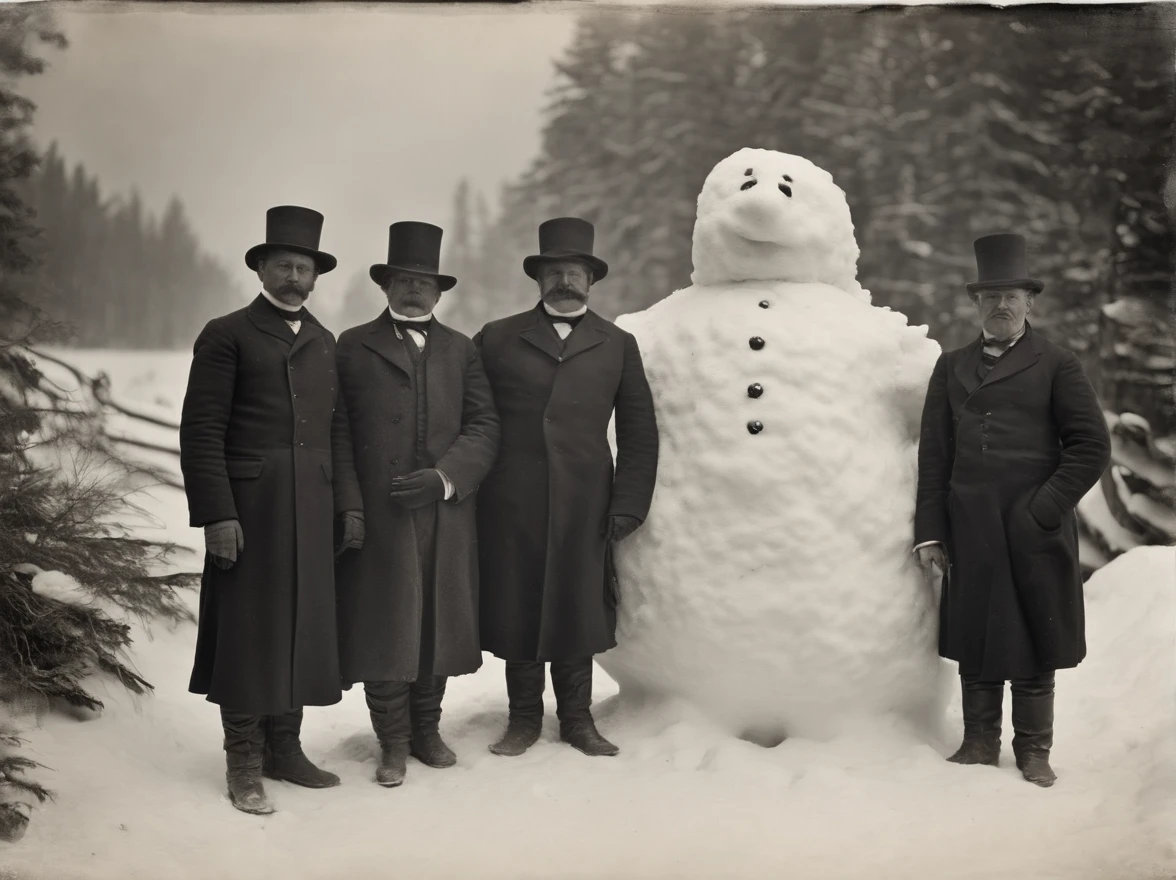 Full body, A tribe wearing a mask with a tardigrade motif, Take a photo with the huge, hairy snowman, Capture in black and white, Photos from the 1900s, Gelatin silver print, Add noise, Old Photo Effects