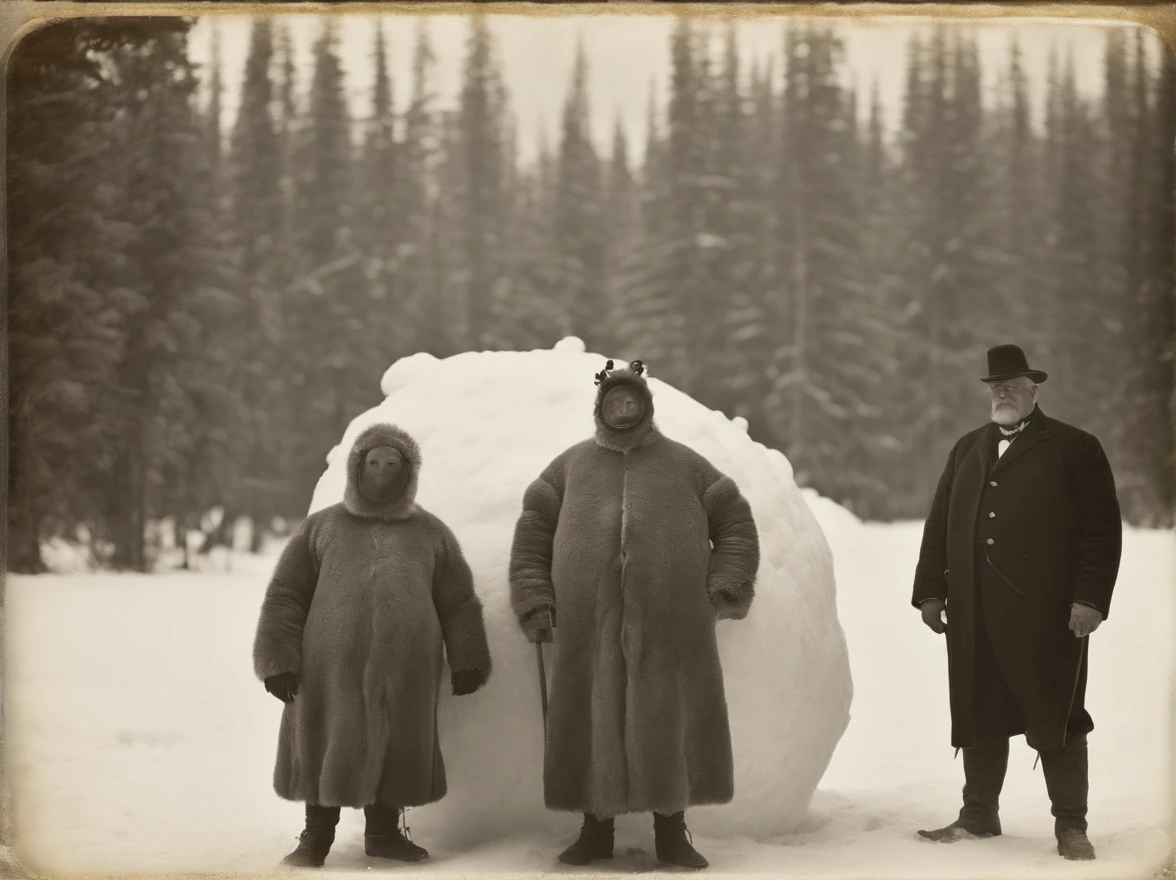 Full body, A tribe wearing a mask with a tardigrade motif, Take a photo with the huge, hairy snowman, Capture in black and white, Photos from the 1900s, Gelatin silver print, Add noise, Old Photo Effects