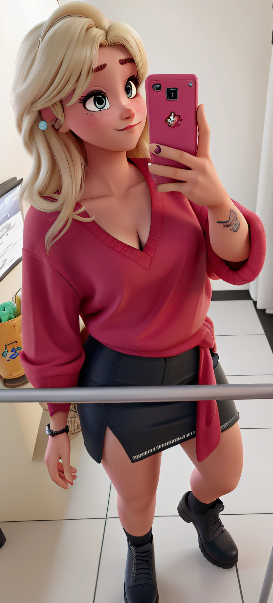 mulher de estatura baixa, medium blonde hair, tattoo on upper arm, olhos castanhos, saia preta, no estilo disney pixar, in high resolution, optimal quality
