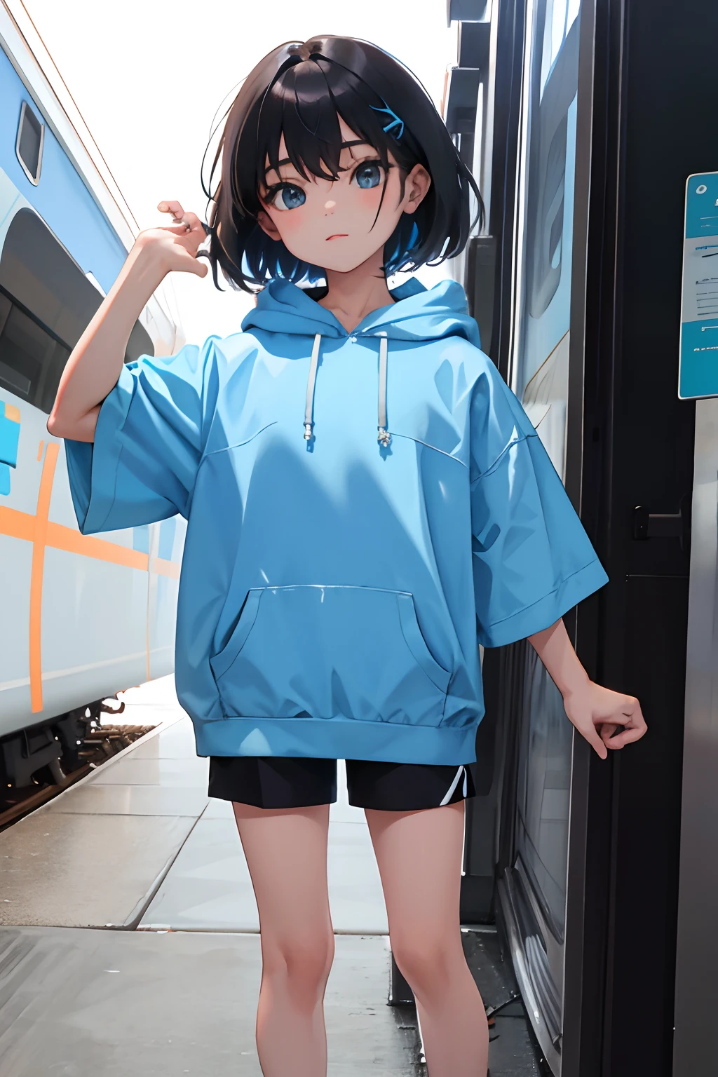 ,(masterpiece,Highest Quality),Light blue hoodie with short sleeves,A dark-haired,Train