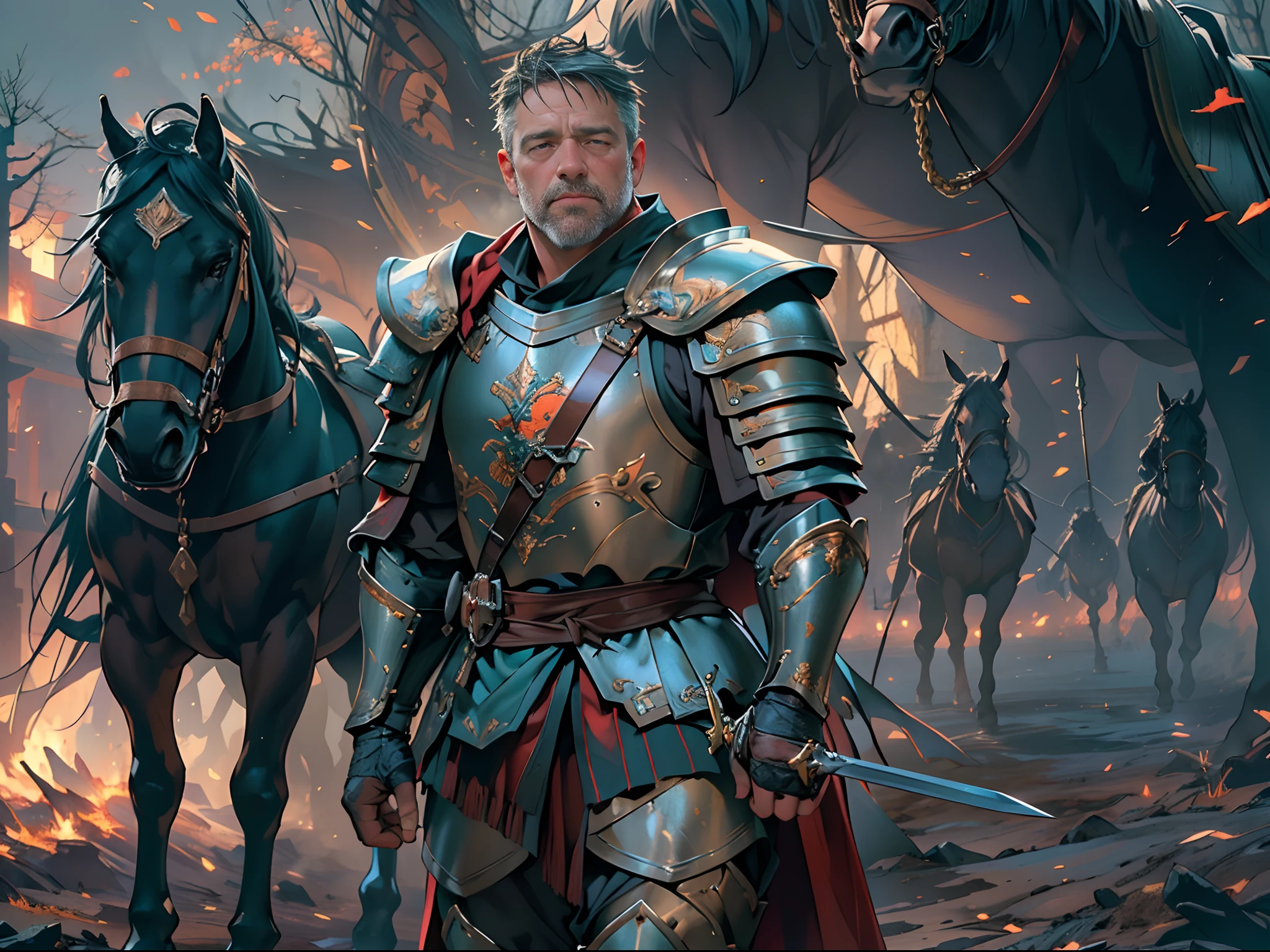 General on horseback,charge,top-quality、softlighting、(depth of fields)、超A high resolution、(Photorealsitic:1.4)、RAW photography、(porate:1.4),On the battlefield,Russell Crowe(Russell Ella Crowe)played by General Maximus(cinematic ligh:gladiator),(Hairstyles:Short dark brown hair,Small waves),(Wearing:Silver armor,red capelet,(rendering by octane, illusory engine, Highly detailed, iintricate,)), Riding an armored war horse, Command the battlefield,(Angry,Brave,intense battles,),8K, High definition, Detailed face, Detailed eyes,Hyper-realistic, + cinema shot + Dynamic composition, Incredibly detailed, Sharpen, Details + Superb details + perfectionism + award winning realism ((Moody lighting)),Vintage style,Correct anatomy,(Scenes:Winter cold forest,Medieval battlefield,The King's Banner,Flying flames,),((Masterpiece,Best quality)), ((Cinematic light)), Ultra photo realsisim, fearsome, Dark fantasy, epic realistic, Faded, ((com cores neutras)), (hdr:1.5), (pastel colour:1.2), ultra - detailed, (Art Station:1.5), Cinematic, warm lights, Light effect, Dramaticlight, (Intricate details:1.1), the complex background, (greg rutkovsky:0.8), (Teal and orange:0.4),Knights、Full body armor、big sword、a shield、Red cape、Riding an armored horse, Fierce, epic, Cinematic composition,