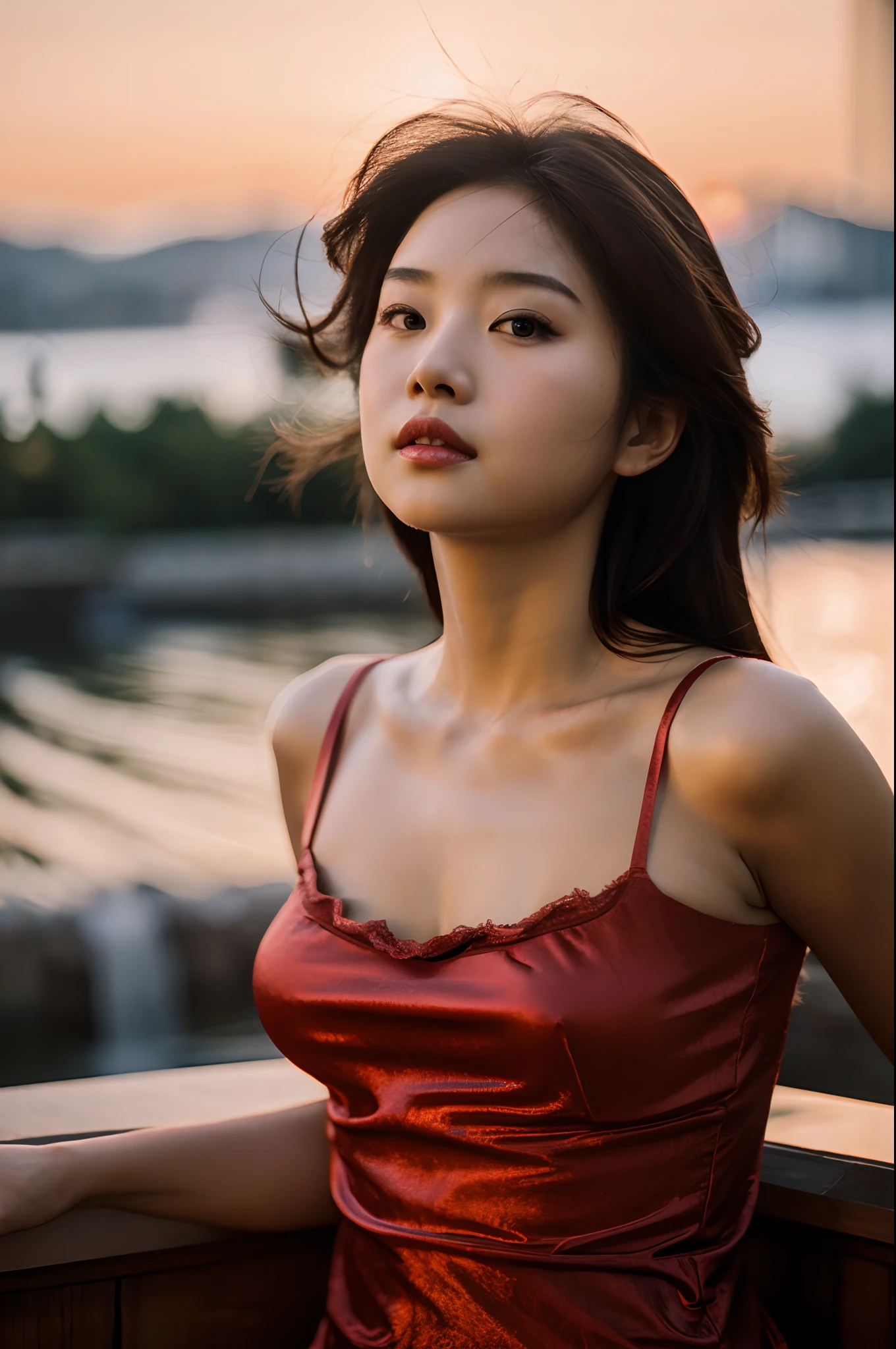 (masterpiece), (best quality), (perfect body), 1girl, stunning beauty, beautiful girl, 1girl, solo, portrait, waist high portrait, uper body, eye focus, photography, sunset, sexy, slip dress, braless
