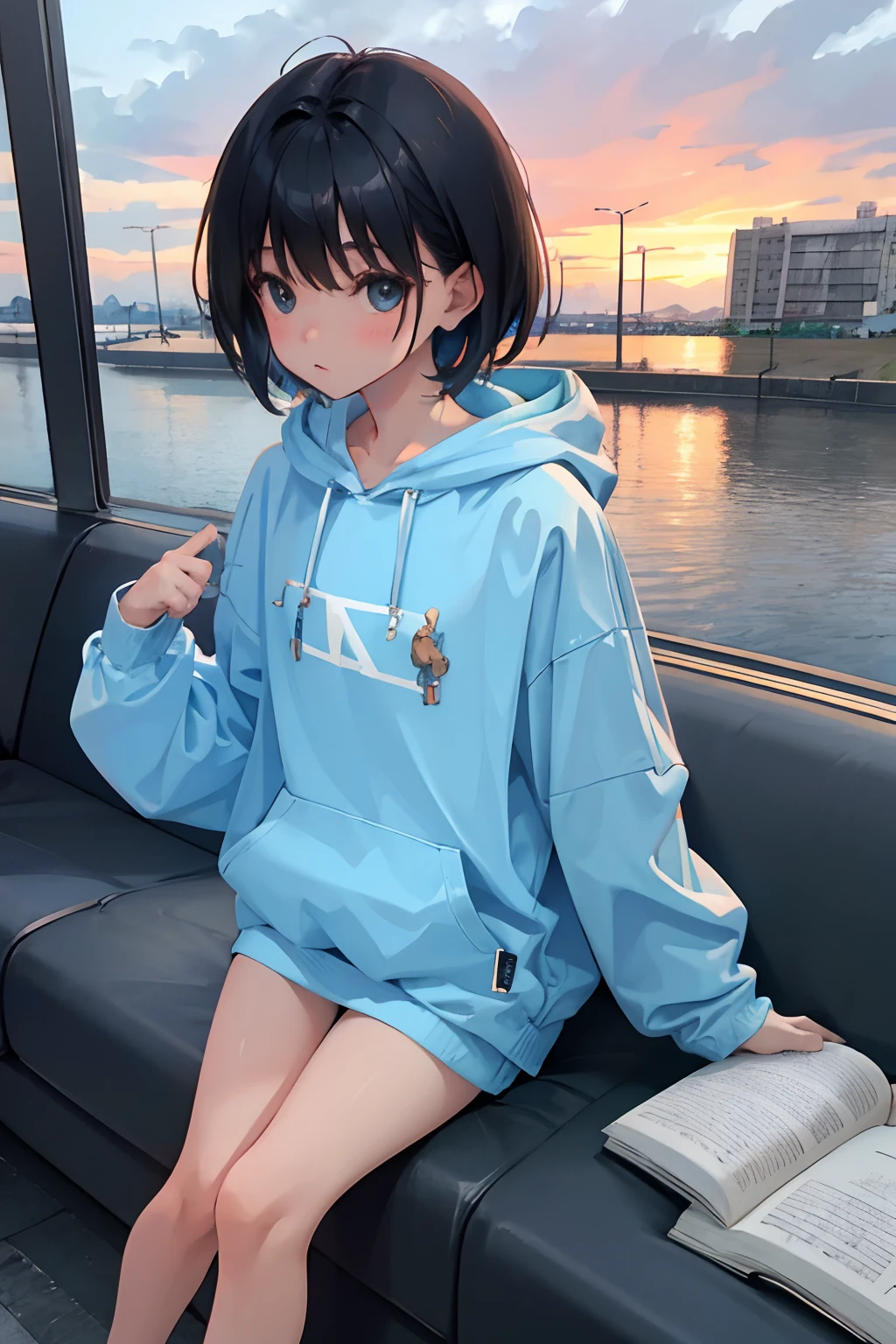 ，（​masterpiece，Highest Quality），Light blue hoodie with short sleeves，A dark-haired，Train