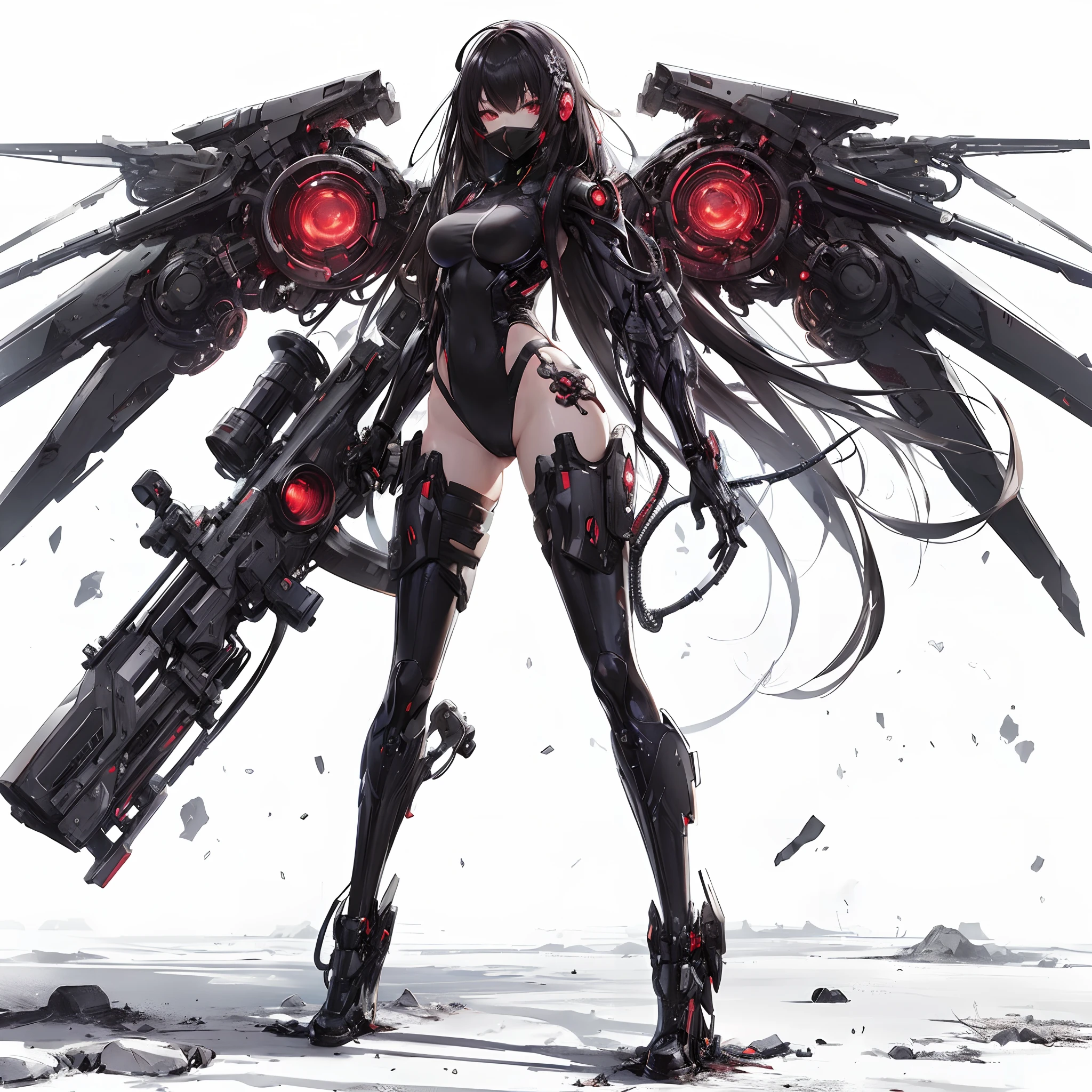 (masutepiece, Best Quality), Ultra-detailed, Anime style, Full body, Cyberpunk Ninja Girl, Possession of Massive Energy Weapons, Wear a bodysuit and long boots, There is a red core somewhere on the body, Black Long Hair, Mechanical limb, Wing Backpack Unit, trend artstation, White background, Whole body, Standing in the wasteland.